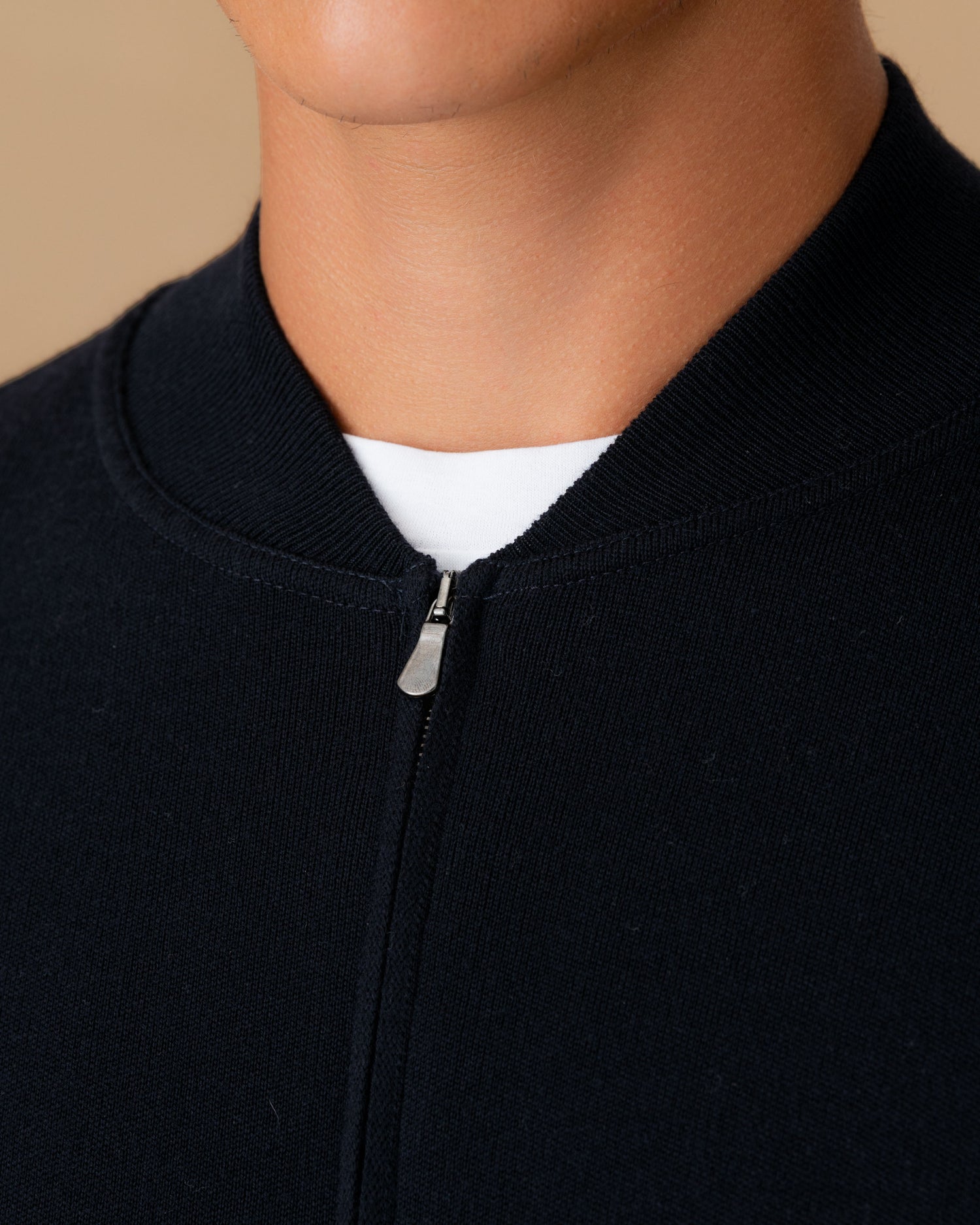 Virgin Wool Zip-Through Knit Bomber Navy Collar Model Image