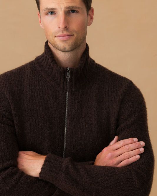 Felted Wool Cashmere Zip-Through Sweater Ebano Sleeve Model Image