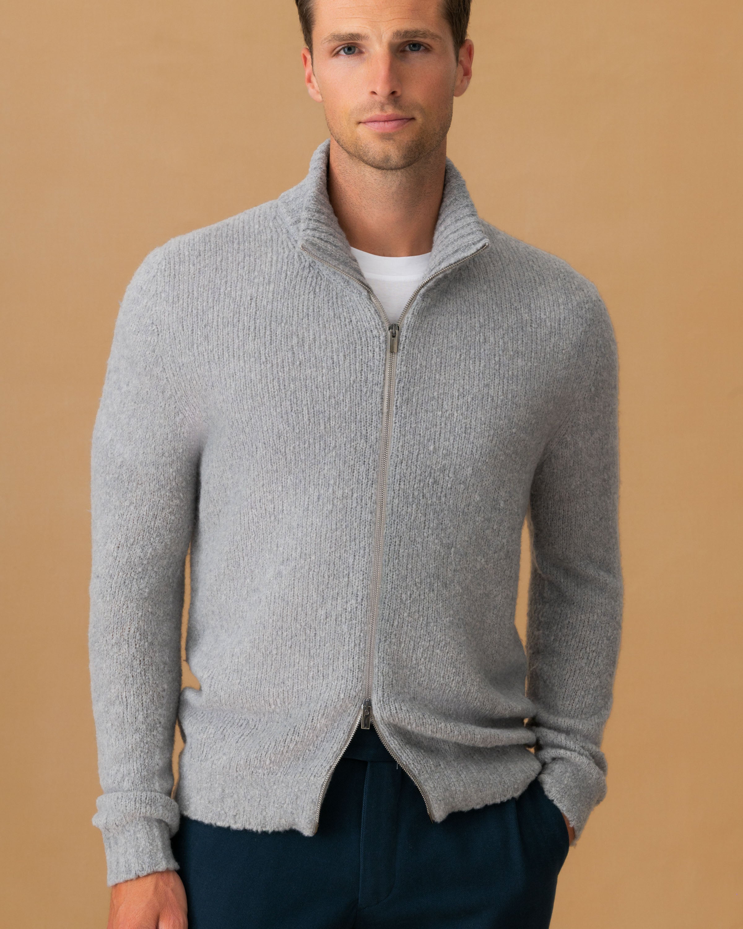 Felted Wool Cashmere Zip-Through Sweater Light Grey Cropped Model Image