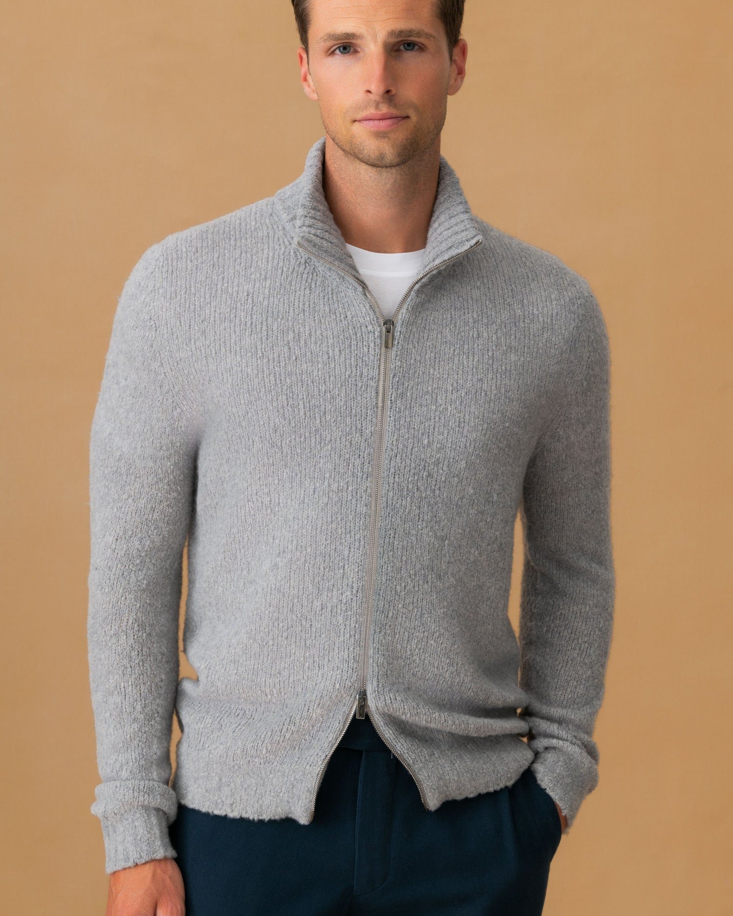 Felted Wool Cashmere Zip-Through Sweater Light Grey Cropped Model Image