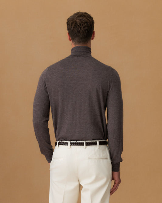Cashmere Silk Extrafine Roll Neck Sweater Brown Back Model Image
