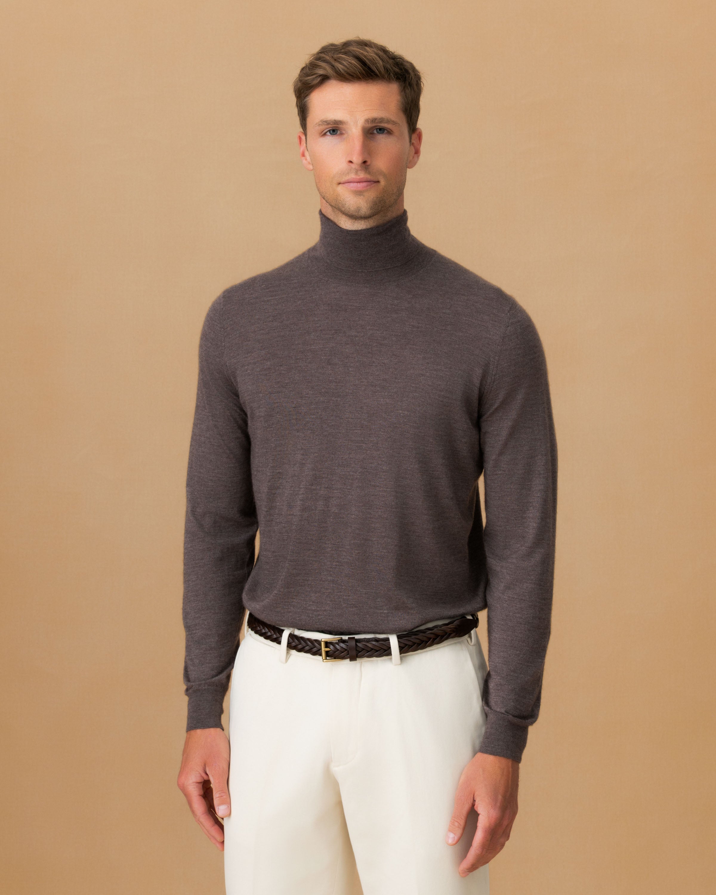 Cashmere Silk Extrafine Roll Neck Sweater Brown Cropped Model Image