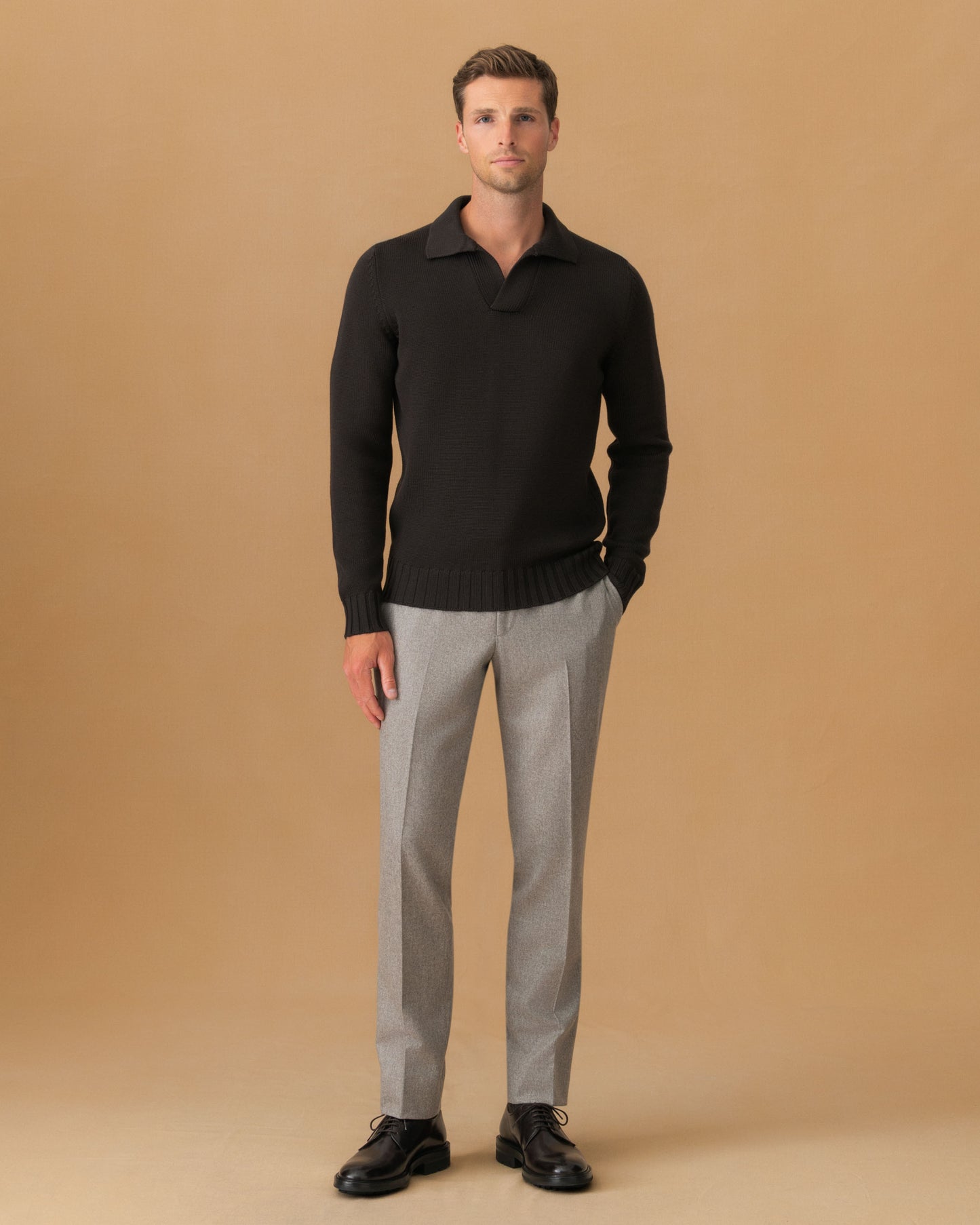 Virgin Wool Long Sleeve Skipper Polo Shirt Dark Brown Main Model Image
