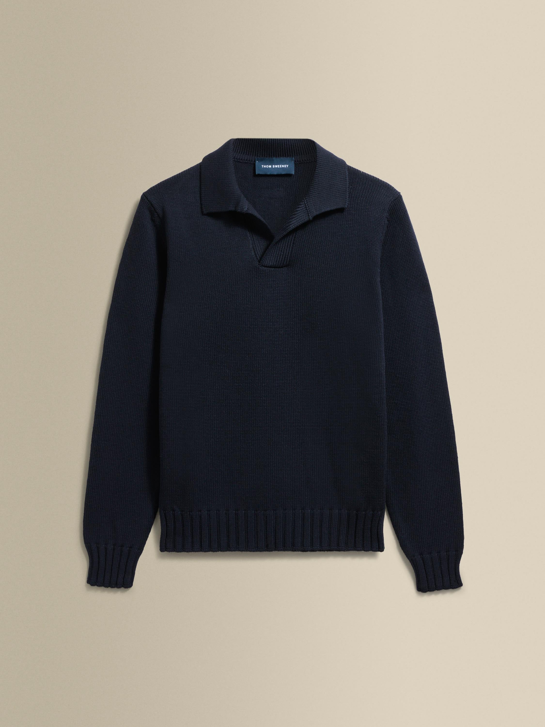 Virgin Wool Long Sleeve Skipper Polo Shirt Dark Navy Product Image