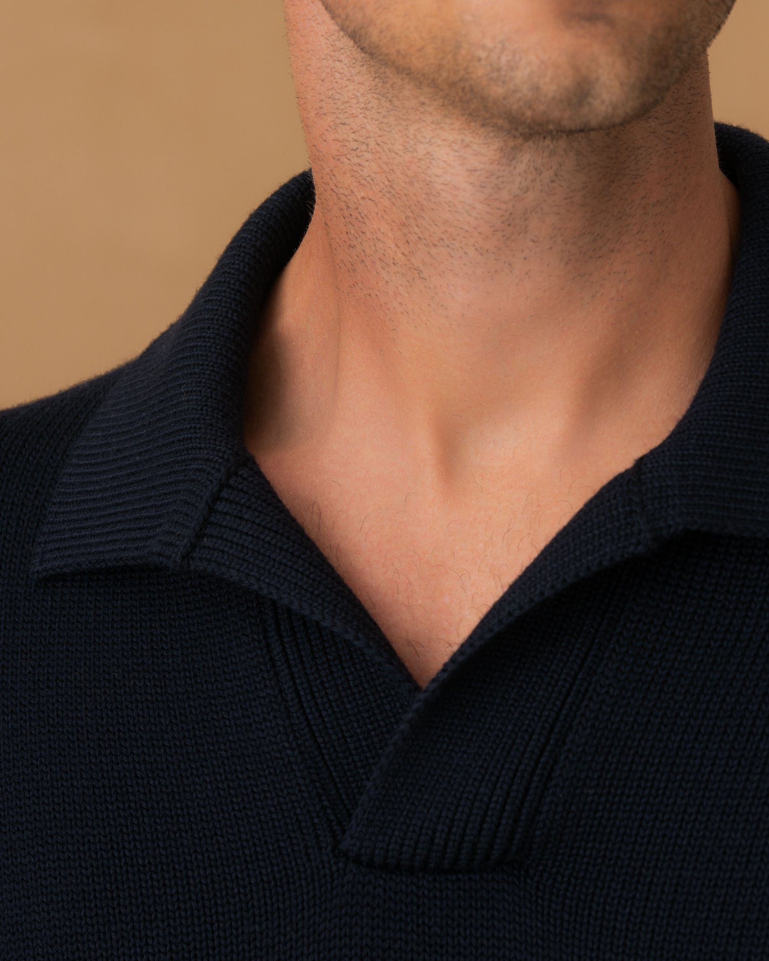 Virgin Wool Long Sleeve Skipper Polo Shirt Dark Navy Collar Model Image