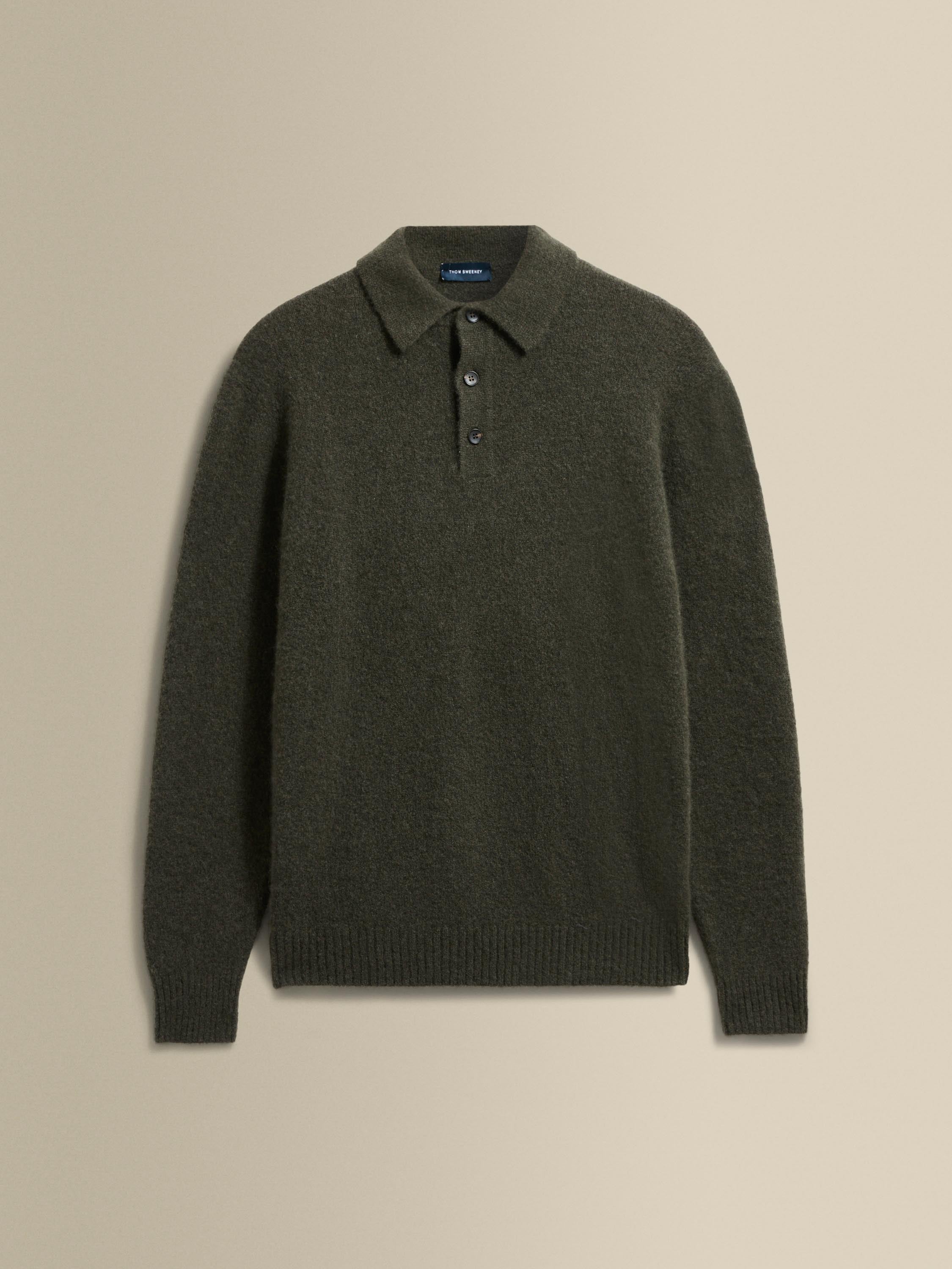 Brushed Cashmere Silk Long Sleeve Polo Shirt Charcoal Green Product Image