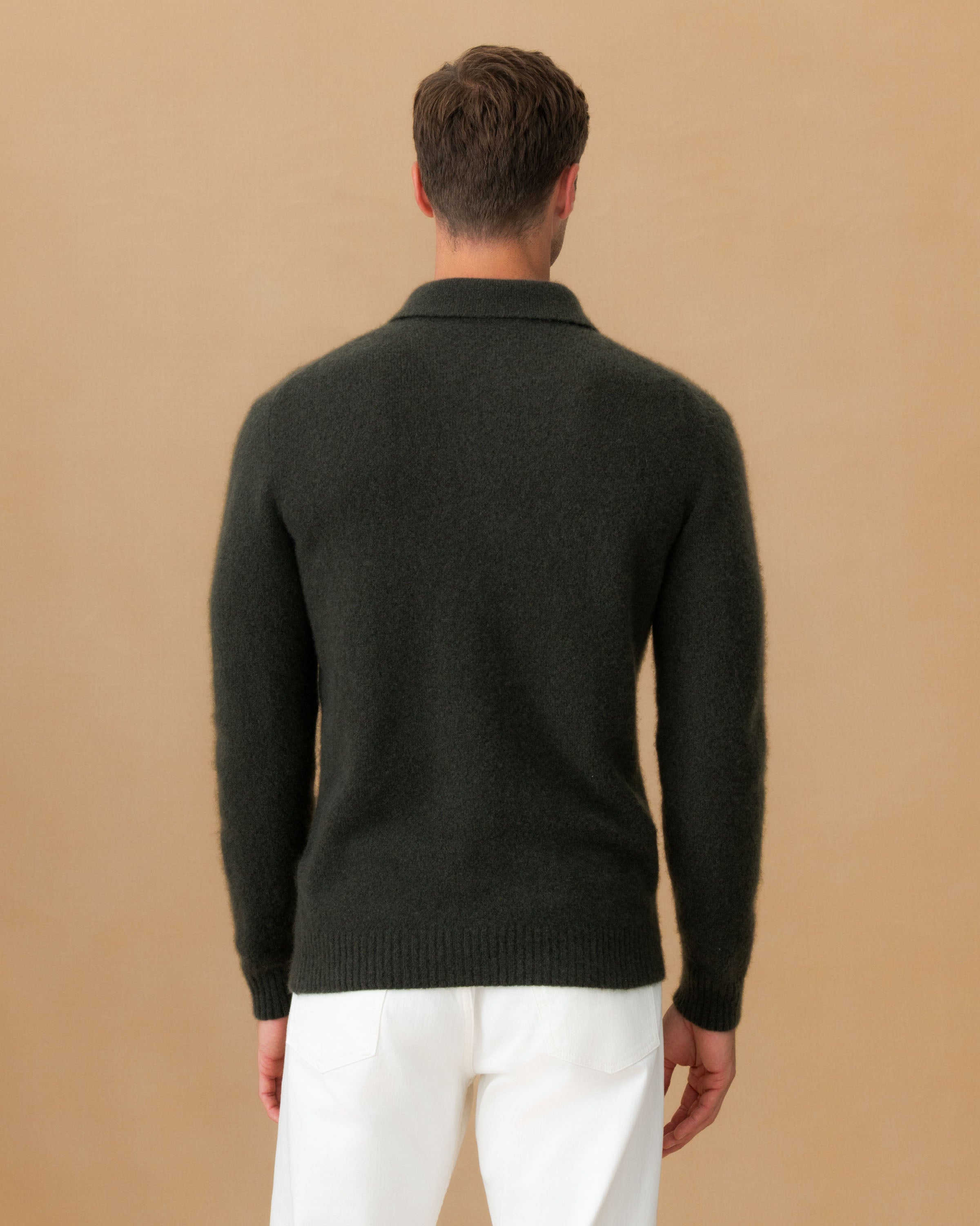 Brushed Cashmere Silk Long Sleeve Polo Shirt Charcoal Green Back Model Image
