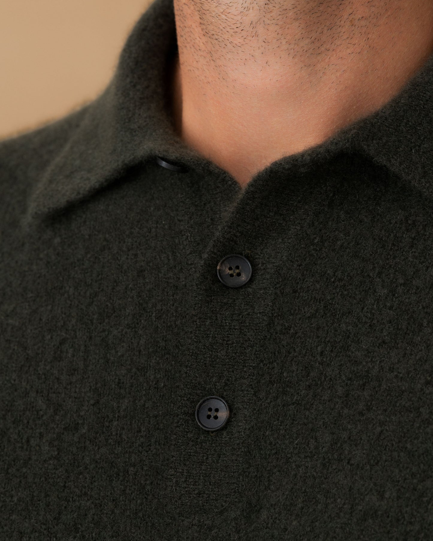 Brushed Cashmere Silk Long Sleeve Polo Shirt Charcoal Green Button Model Image