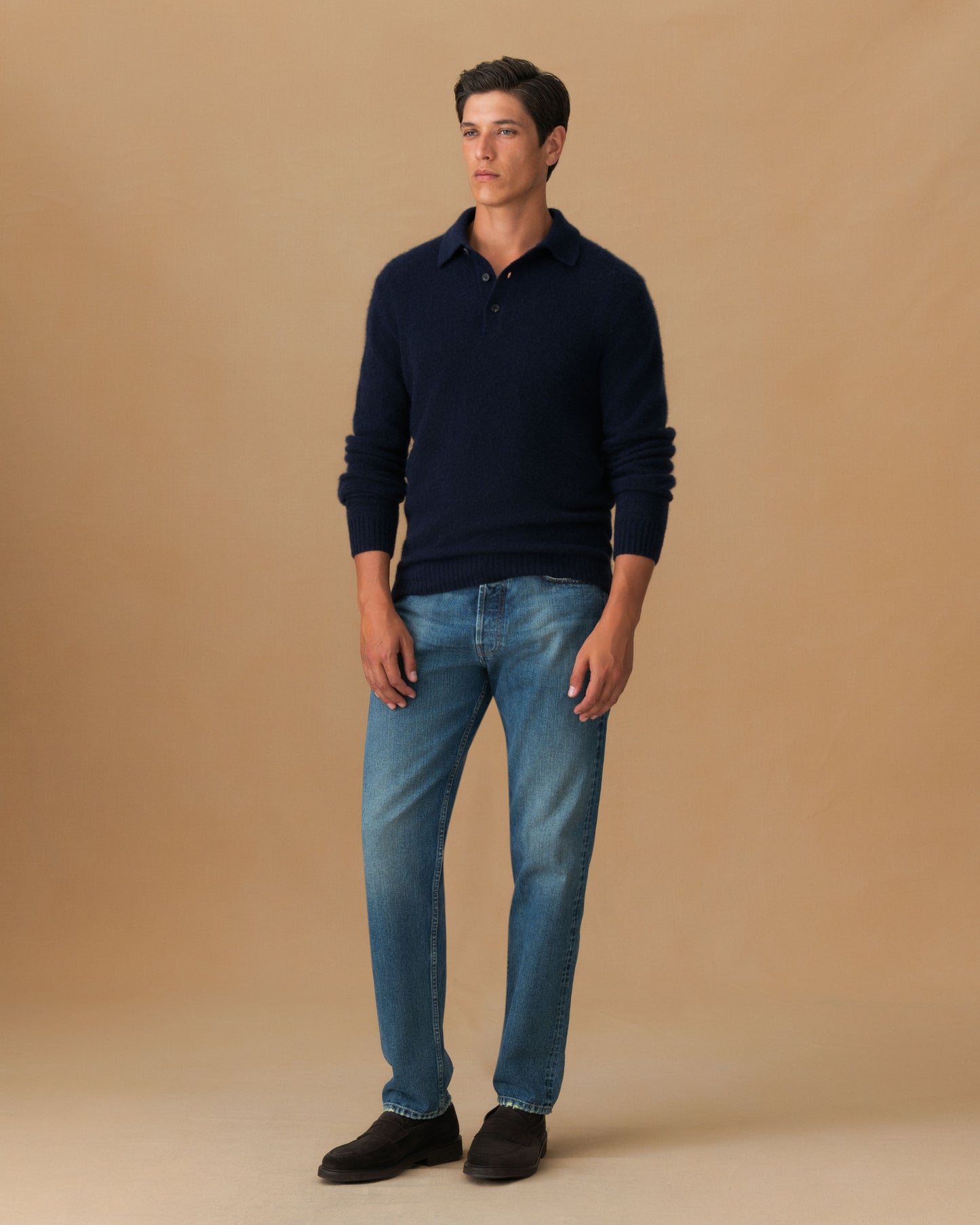 Brushed Cashmere Silk Long Sleeve Polo Shirt Navy Main Model Image