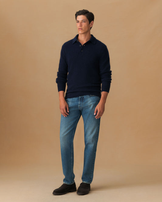 Brushed Cashmere Silk Long Sleeve Polo Shirt Navy Main Model Image