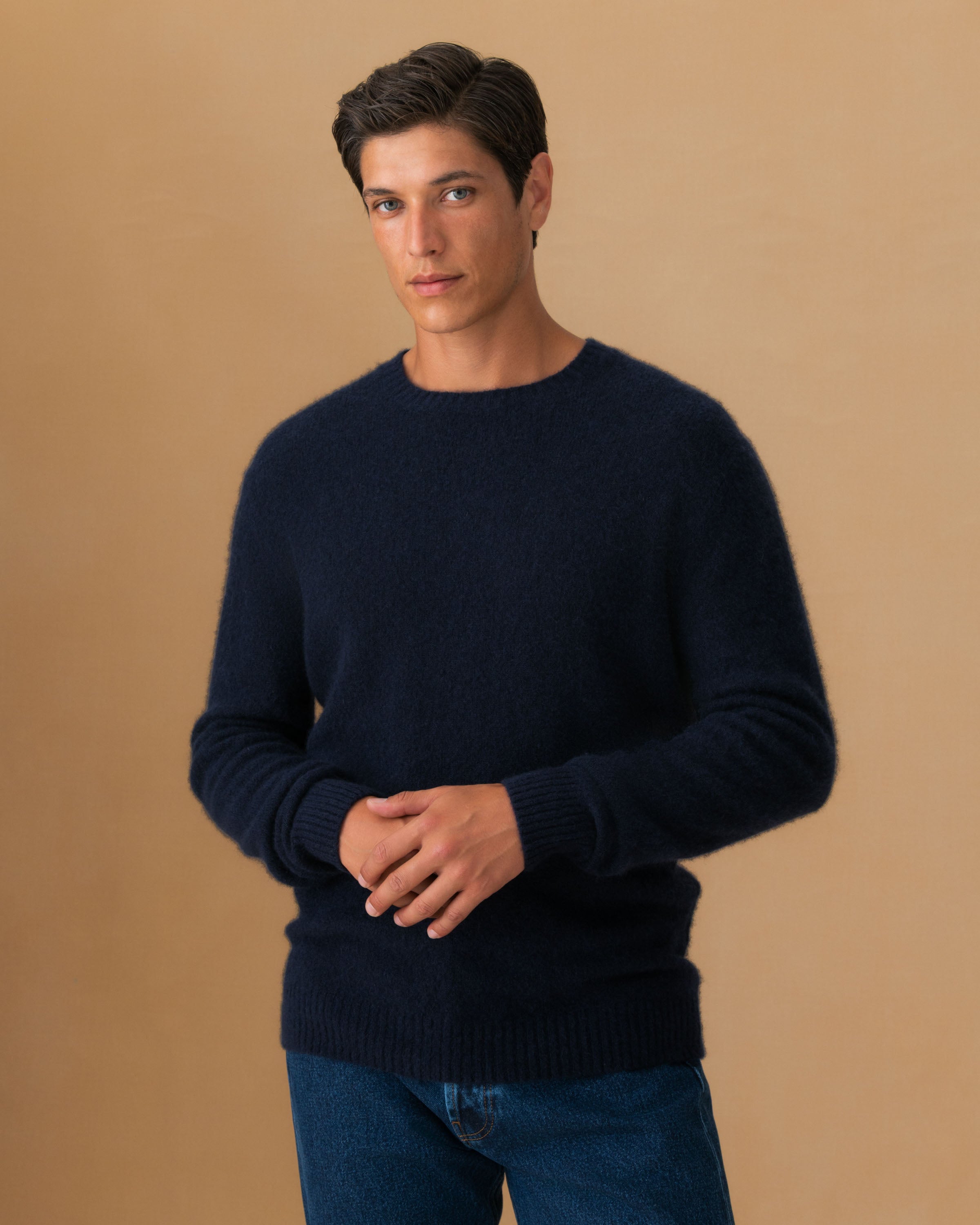 Brushed Cashmere Silk Crew Neck Sweater Navy Model Image 
