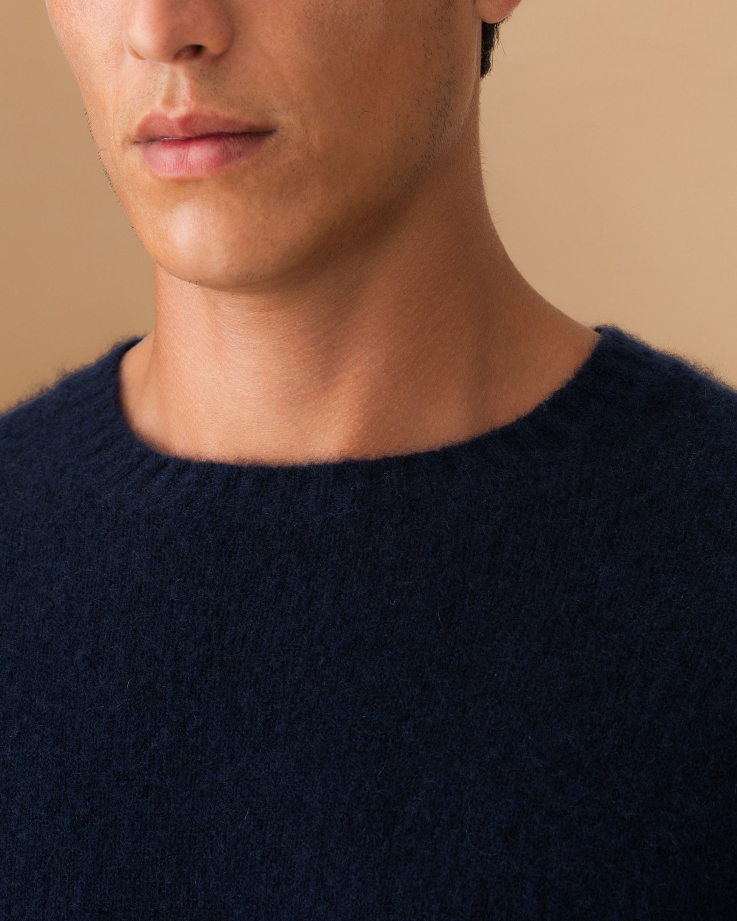 Brushed Cashmere Silk Crew Neck Sweater Navy Neck Model Image 
