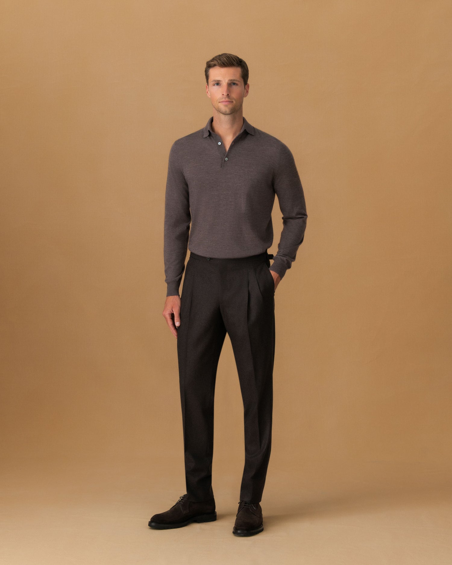 Cashmere Silk Extrafine Long Sleeve Polo Shirt Brown Main Model Image