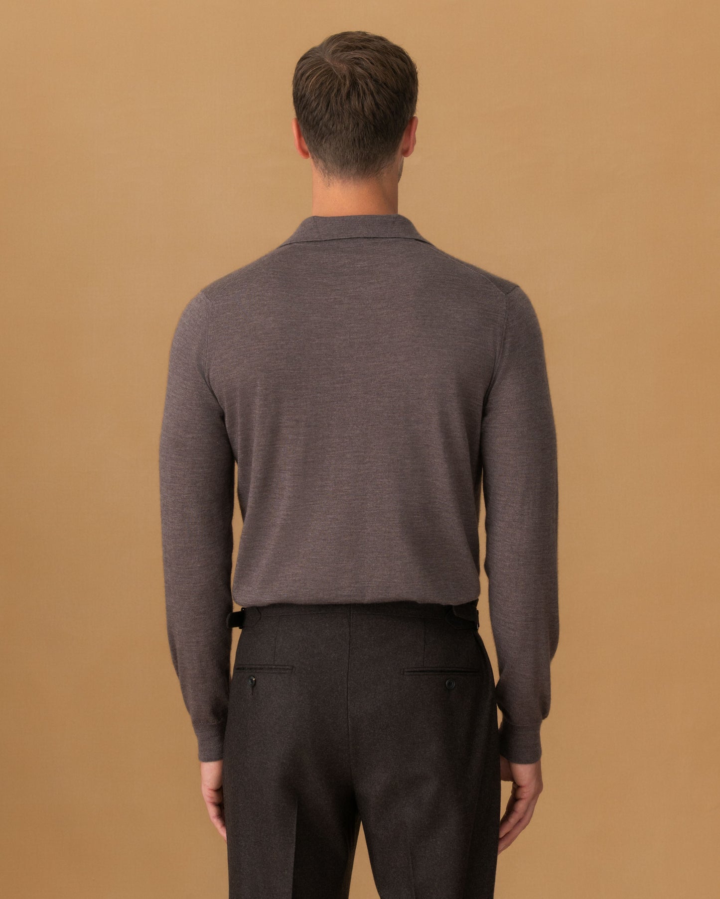 Cashmere Silk Extrafine Long Sleeve Polo Shirt Brown Back Model Image