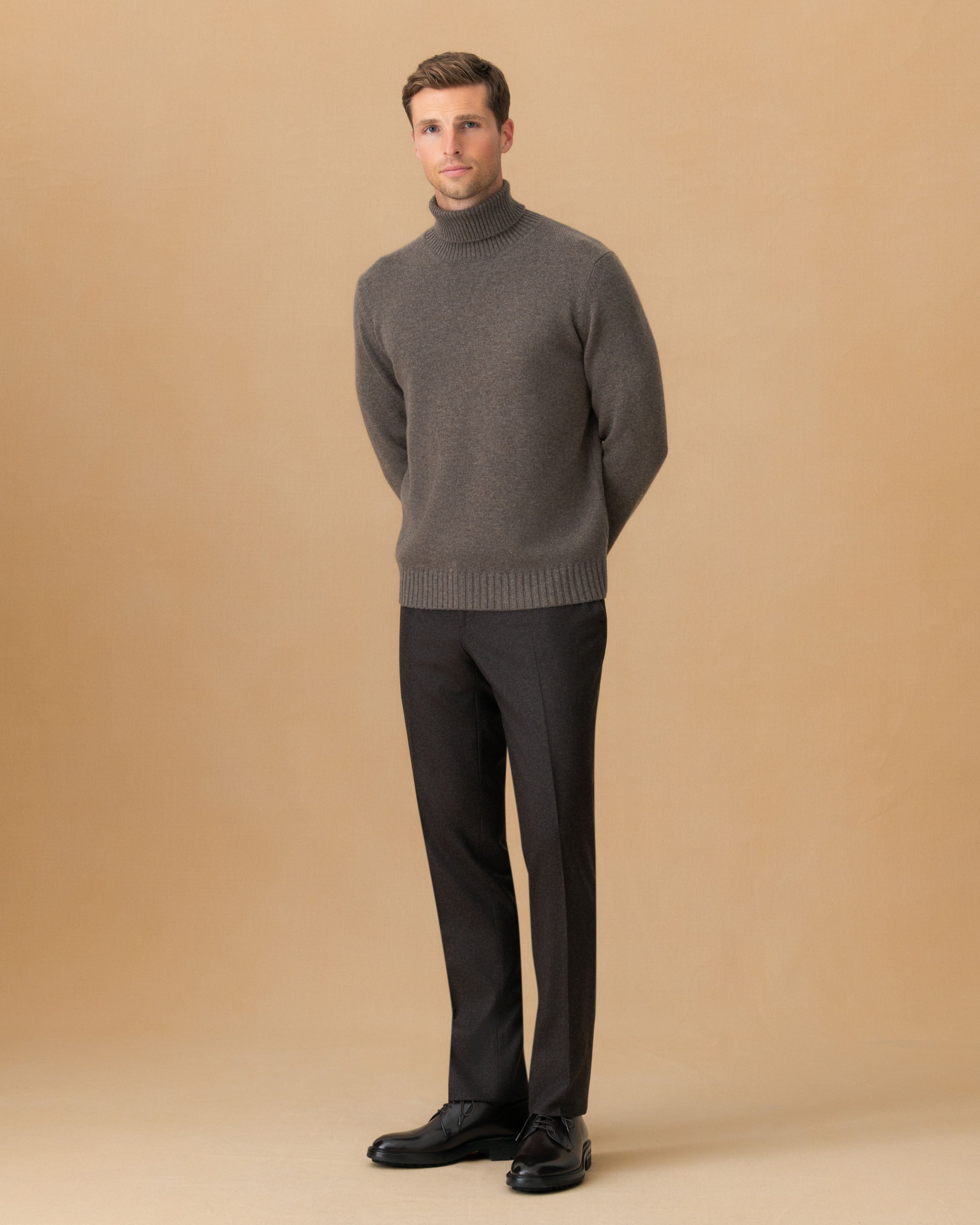 Virgin Wool Flat Front Tailored Trousers Dark Brown Main Model Image