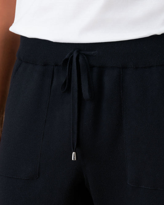 Virgin Wool Knit Track Pant Navy Drawstring Model Image 