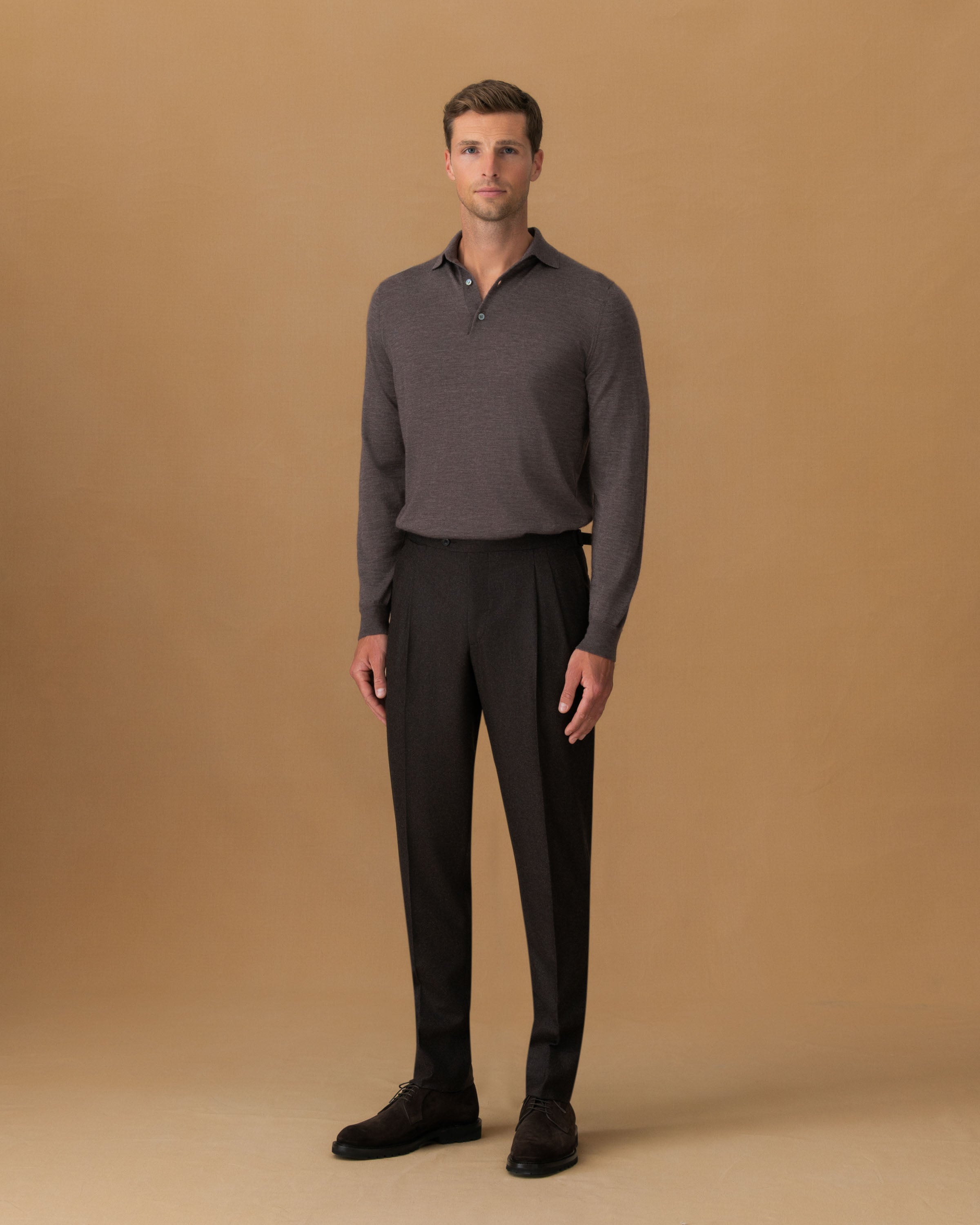 Wool Double Pleat Tailored Trousers Dark Brown Main Model Image