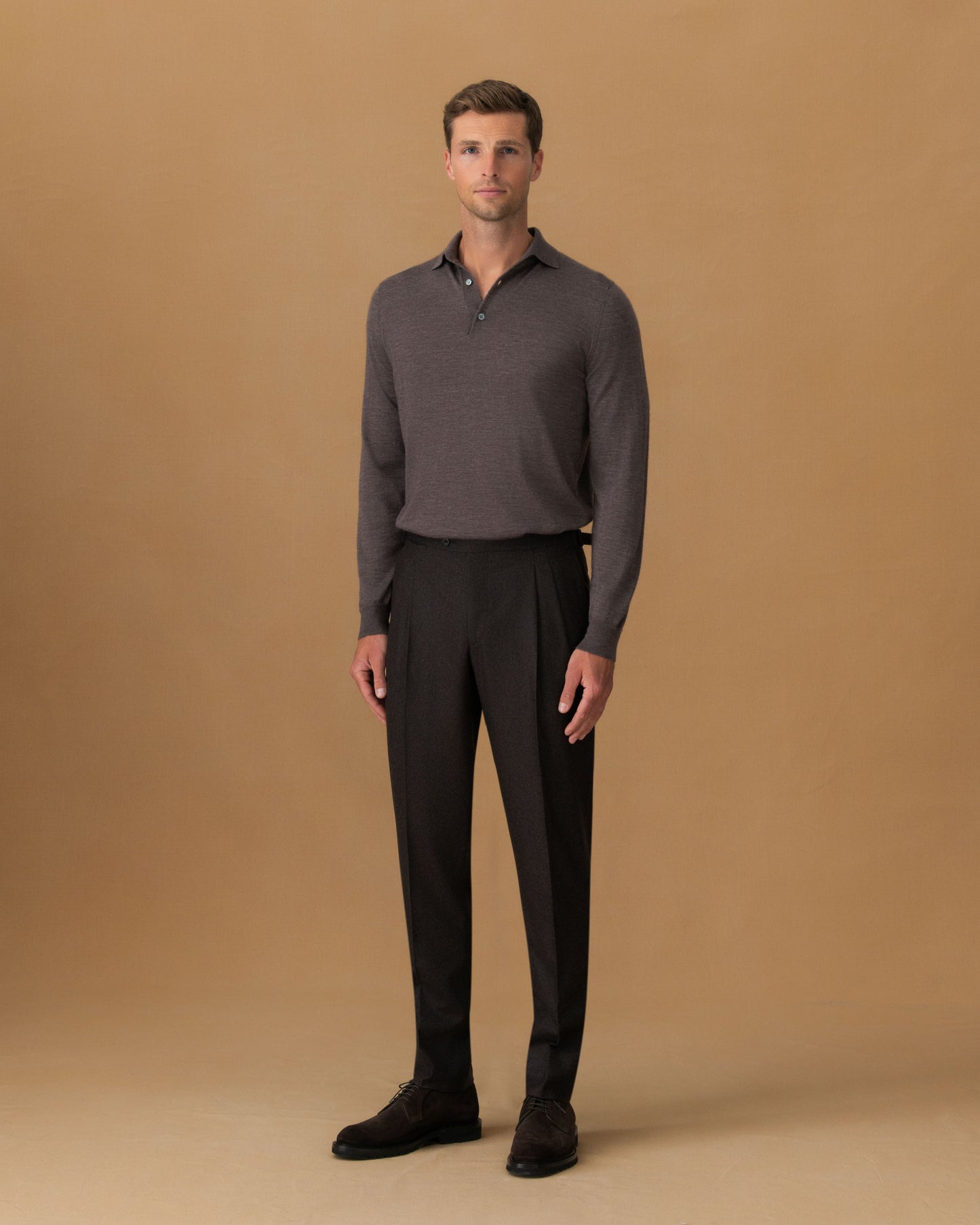 Wool Double Pleat Tailored Trousers Dark Brown Main Model Image