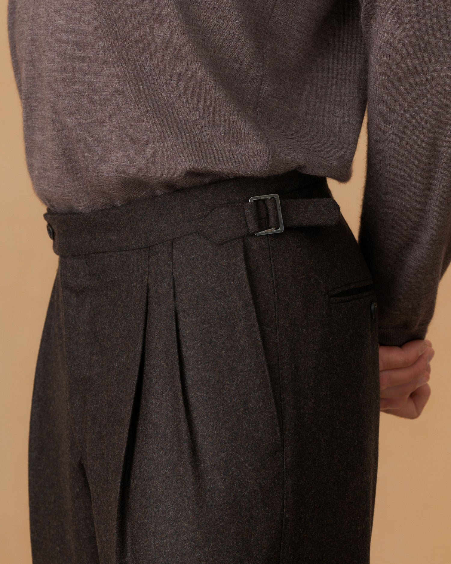 Wool Double Pleat Tailored Trousers Dark Brown Pocket Model Image