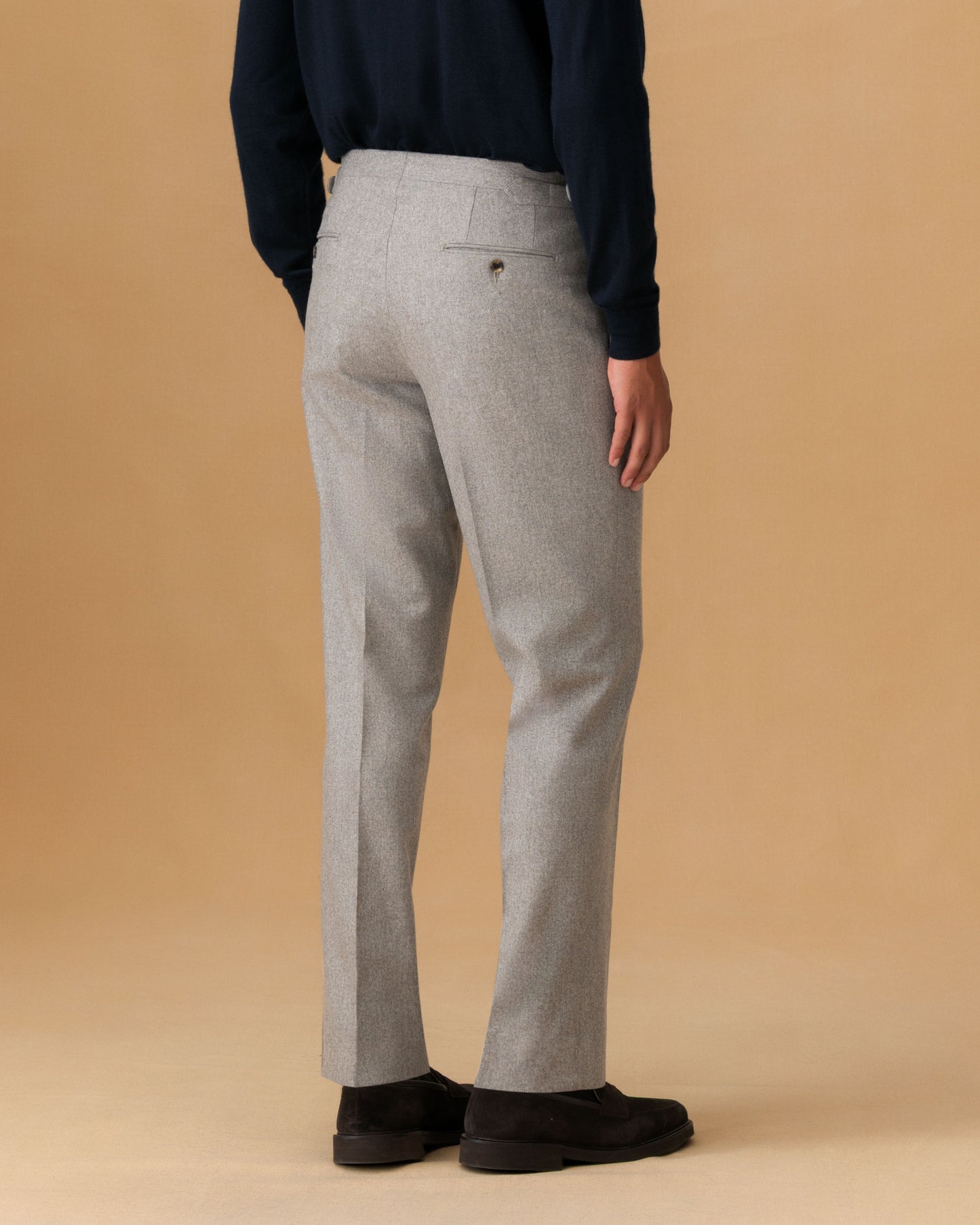 Virgin Wool Double Pleat Tailored Trousers Mid Grey Back Model Image