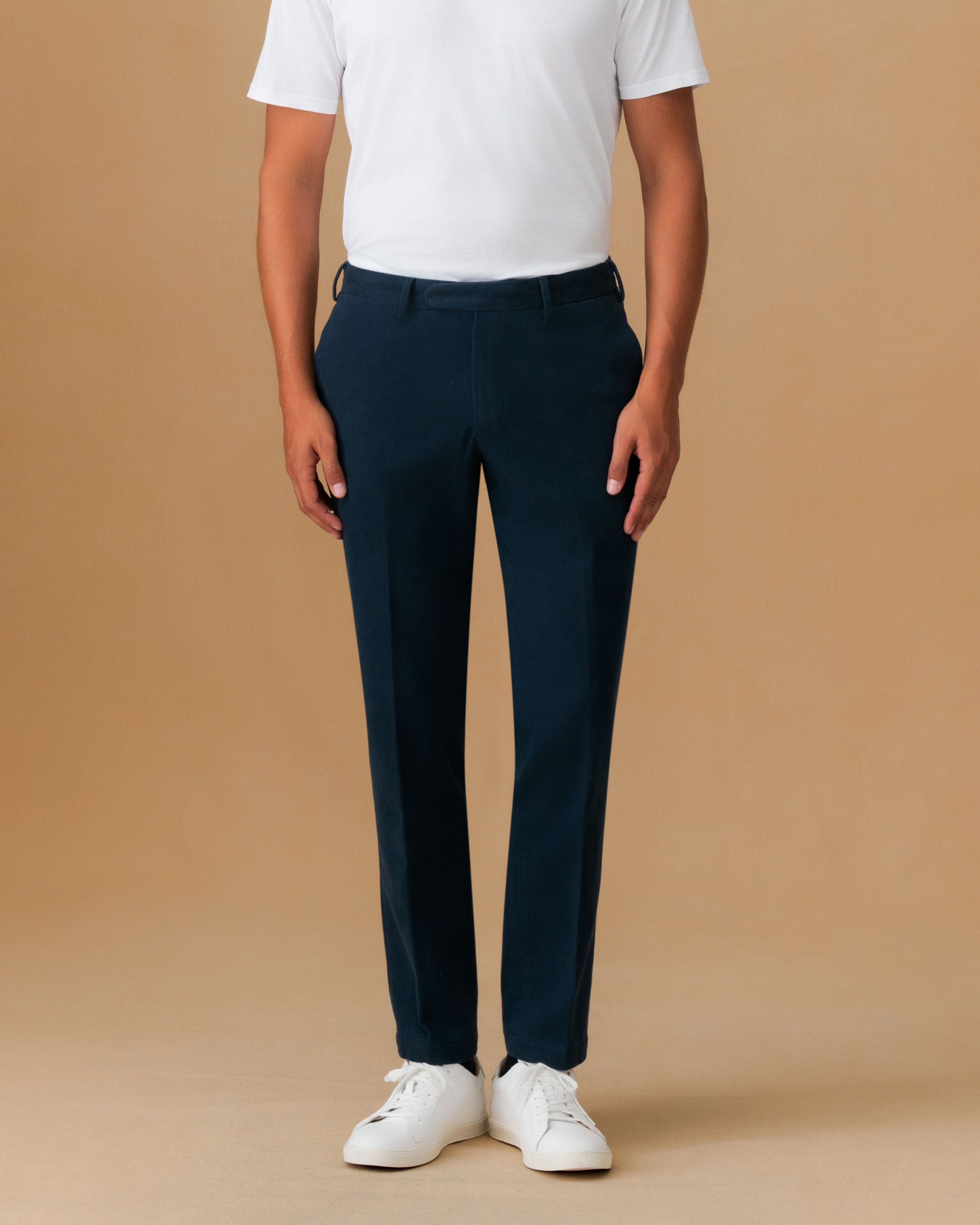 Cotton Twill Flat Front Chinos Navy Model Cropped Image
