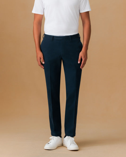 Cotton Twill Flat Front Chinos Navy Model Cropped Image