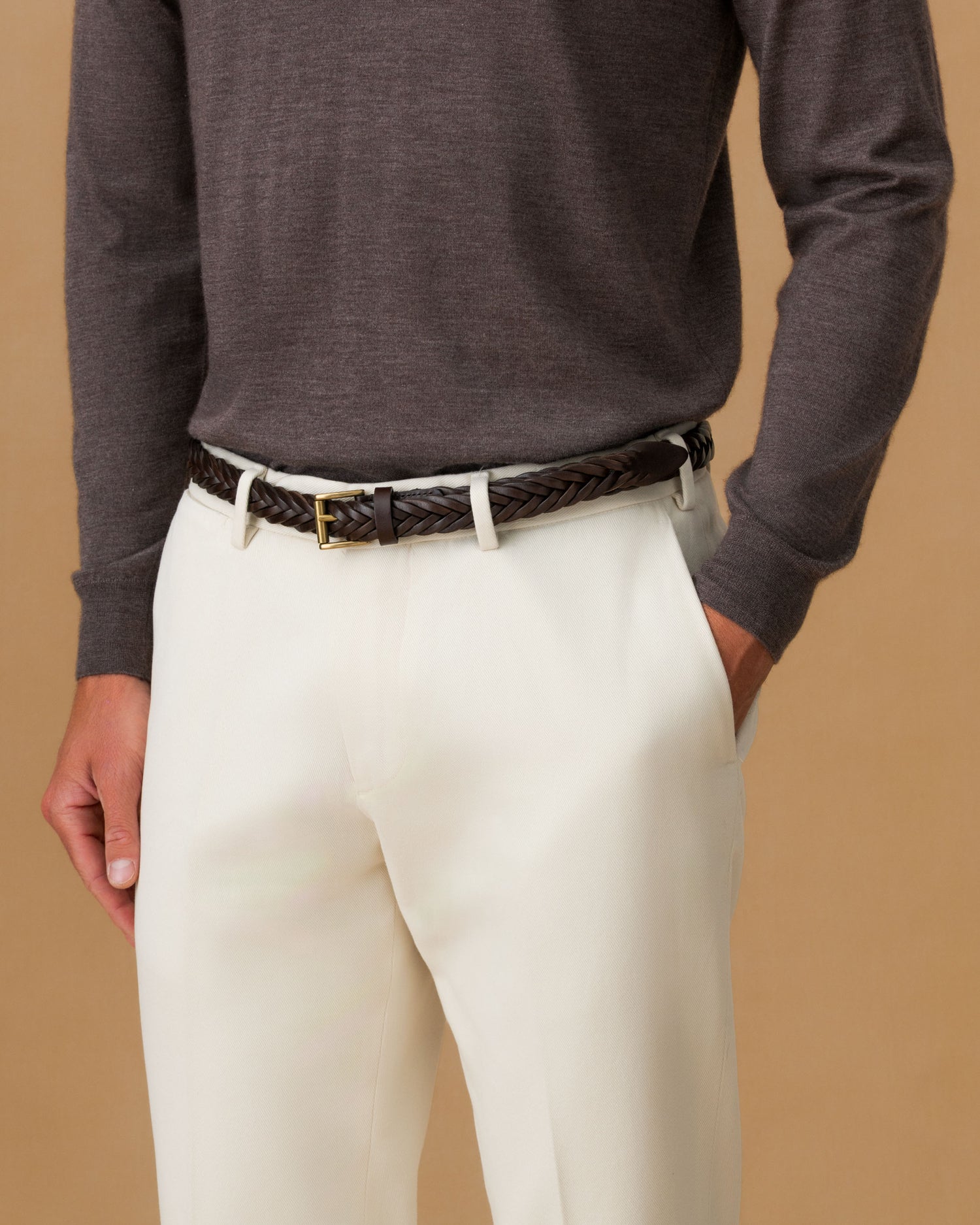 Cotton Twill Flat Front Chinos Off White Model Waist Image