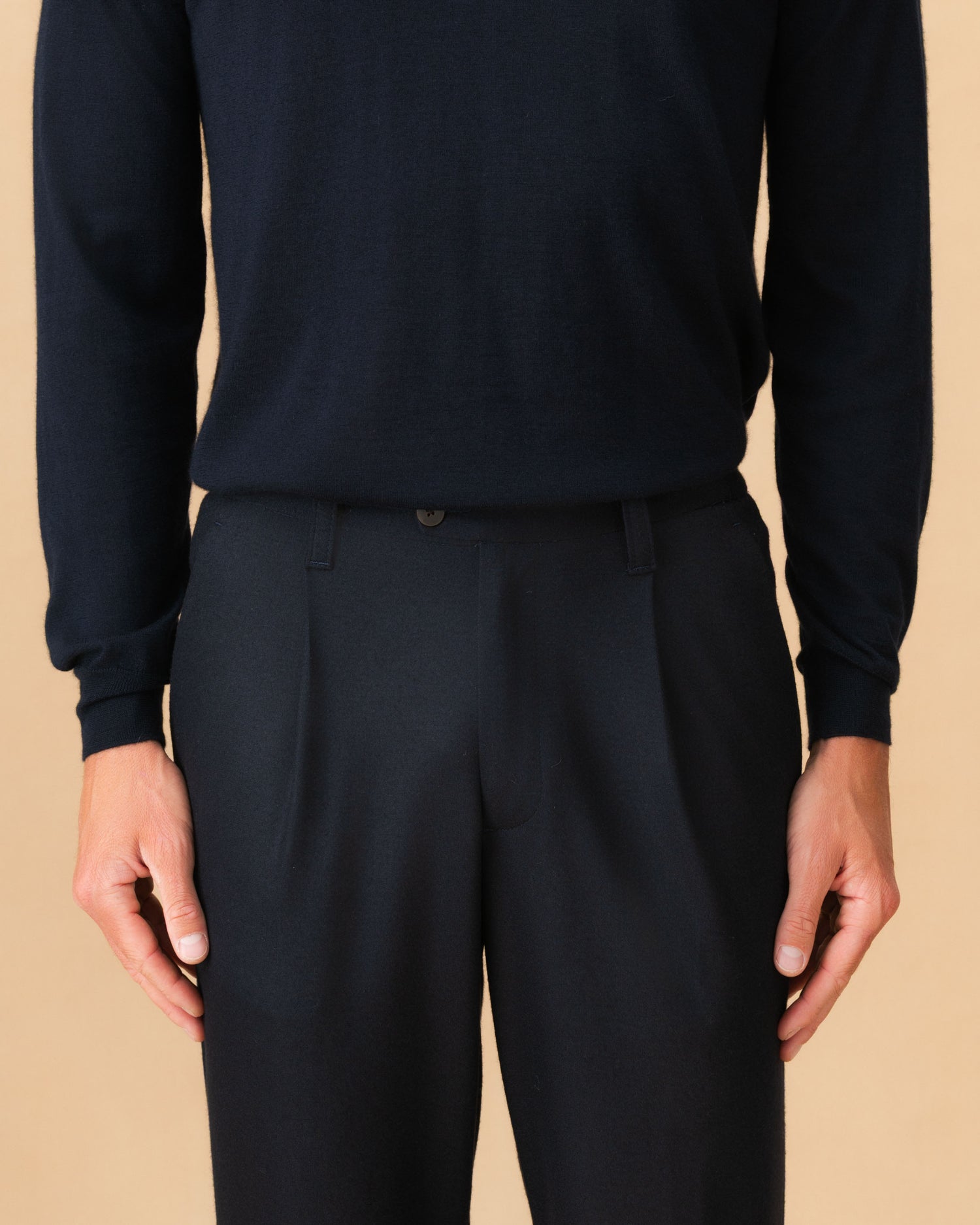 Wool Jersey Single Pleat Elasticated Trousers Navy Waist Model Image