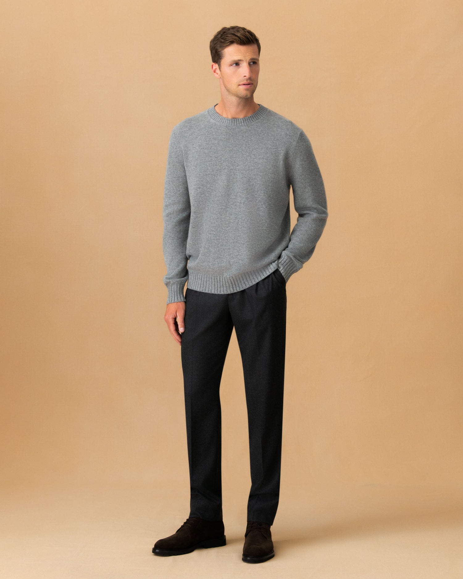 Flannel Single Pleat Elasticated Trousers Dark Grey Main Model Image