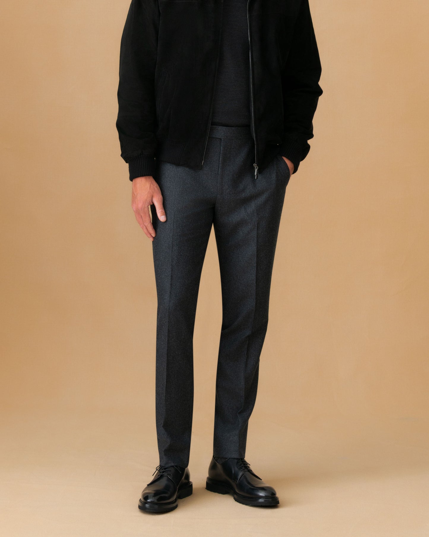Flannel Flat Front Tailored Trousers Grey Model Cropped Image