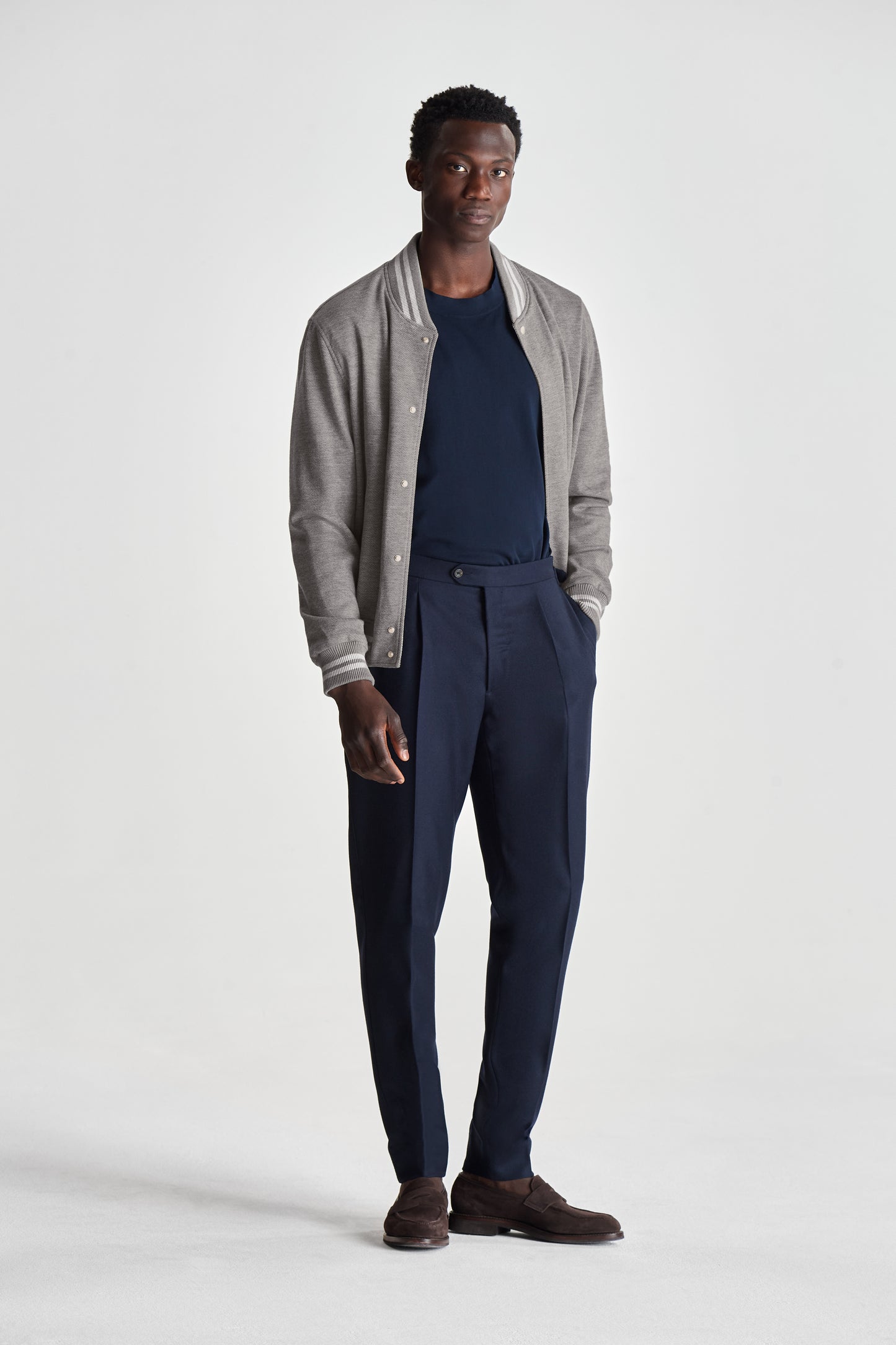 Wool Varsity Jacket Grey Full Length Model Image