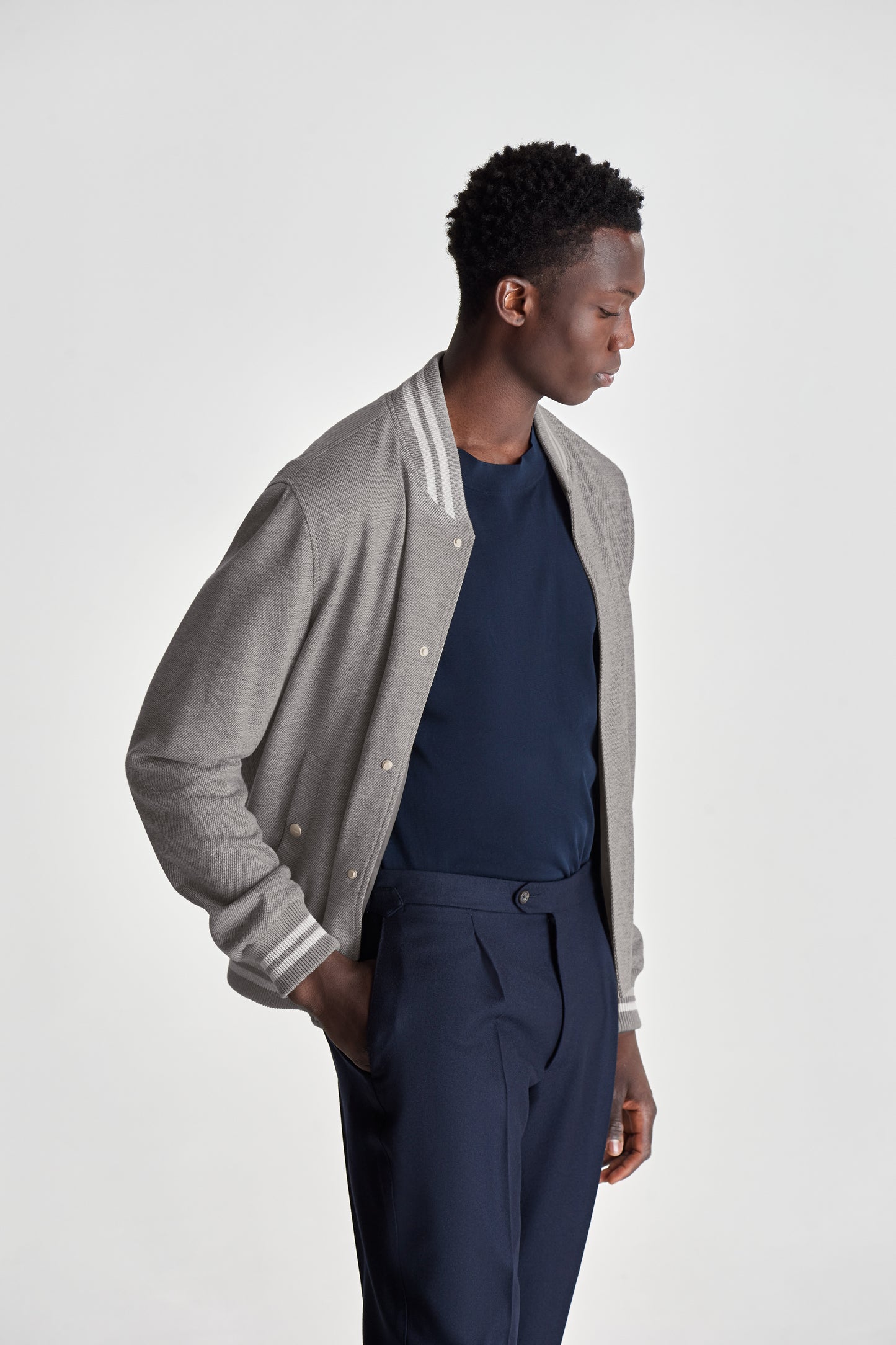 Wool Varsity Jacket Grey Crop Model Image