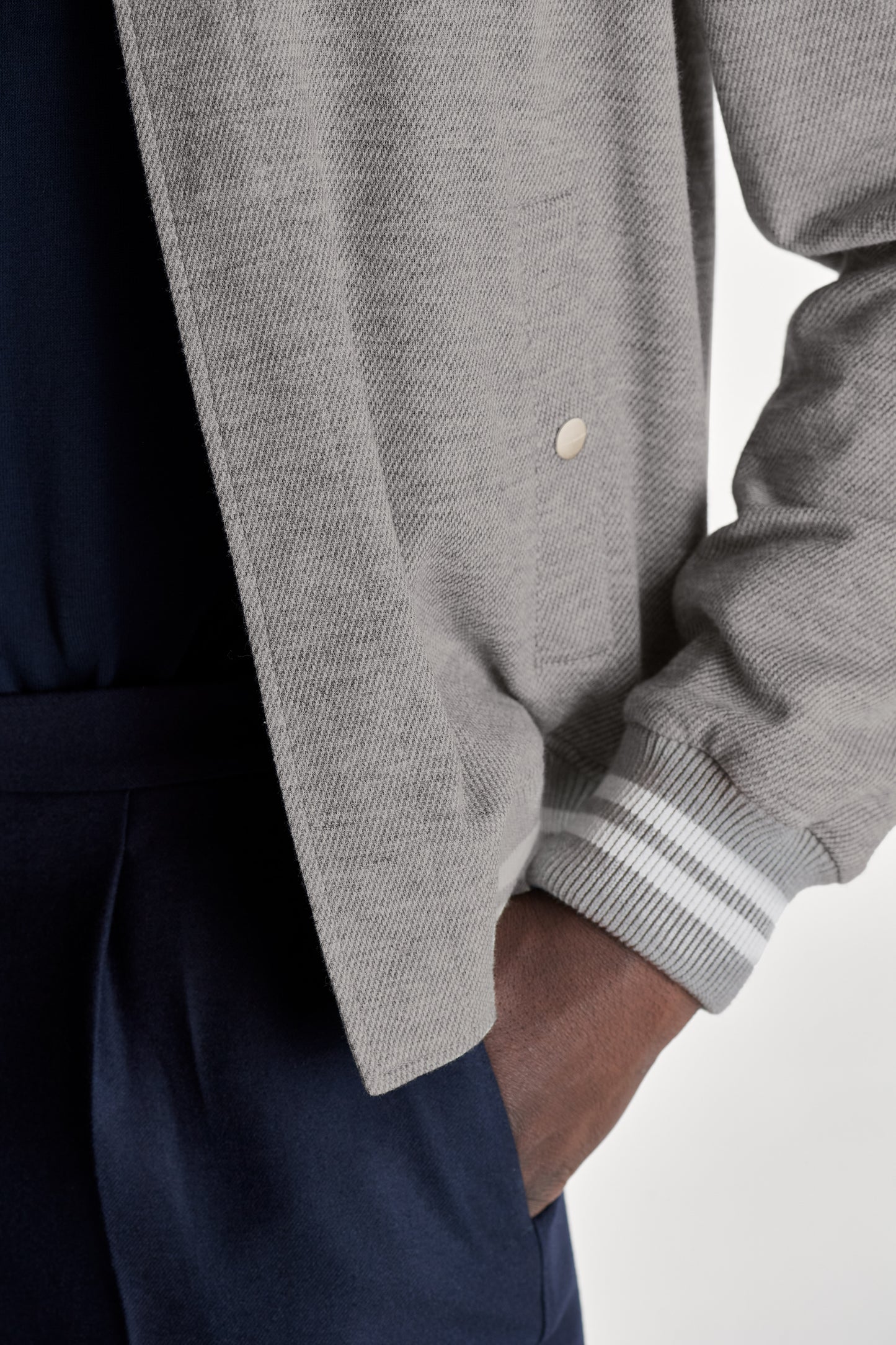 Wool Varsity Jacket Grey Detail Model Image