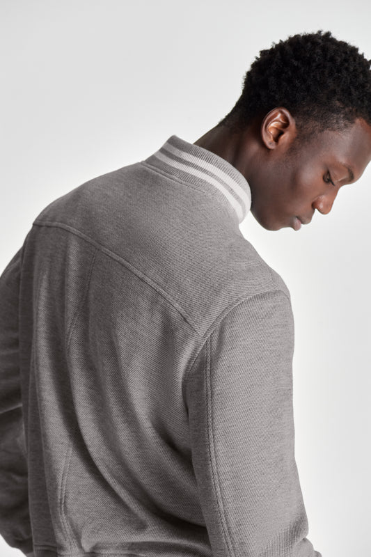 Wool Varsity Jacket Grey Back Detail Model Image