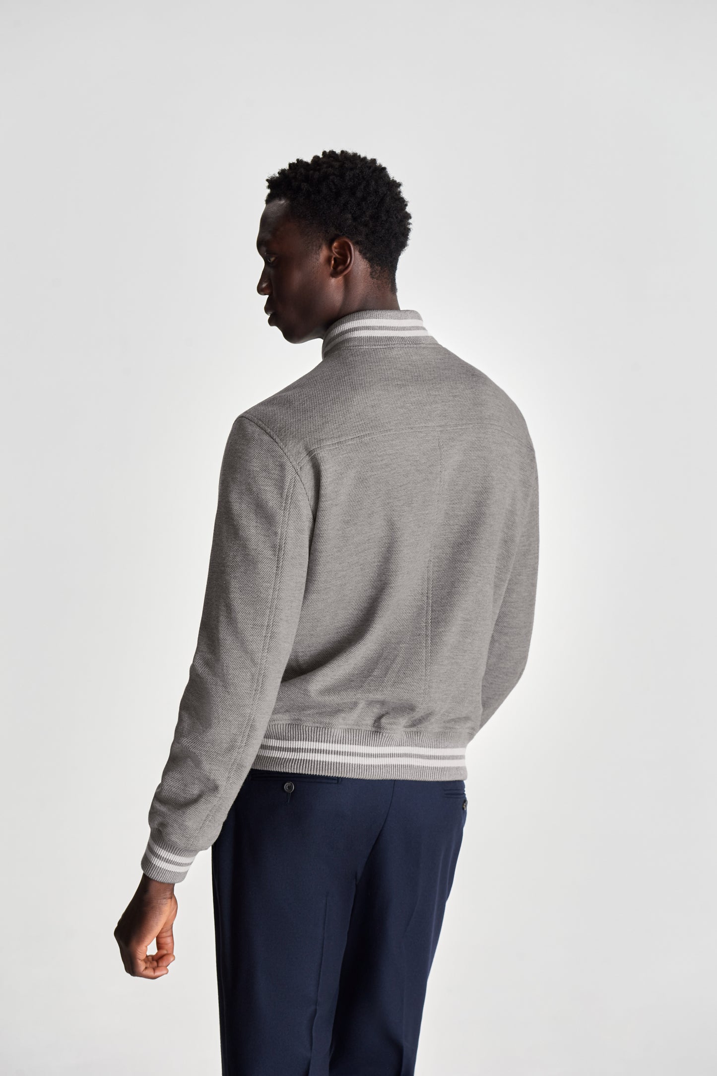 Wool Varsity Jacket Grey Back Model Image
