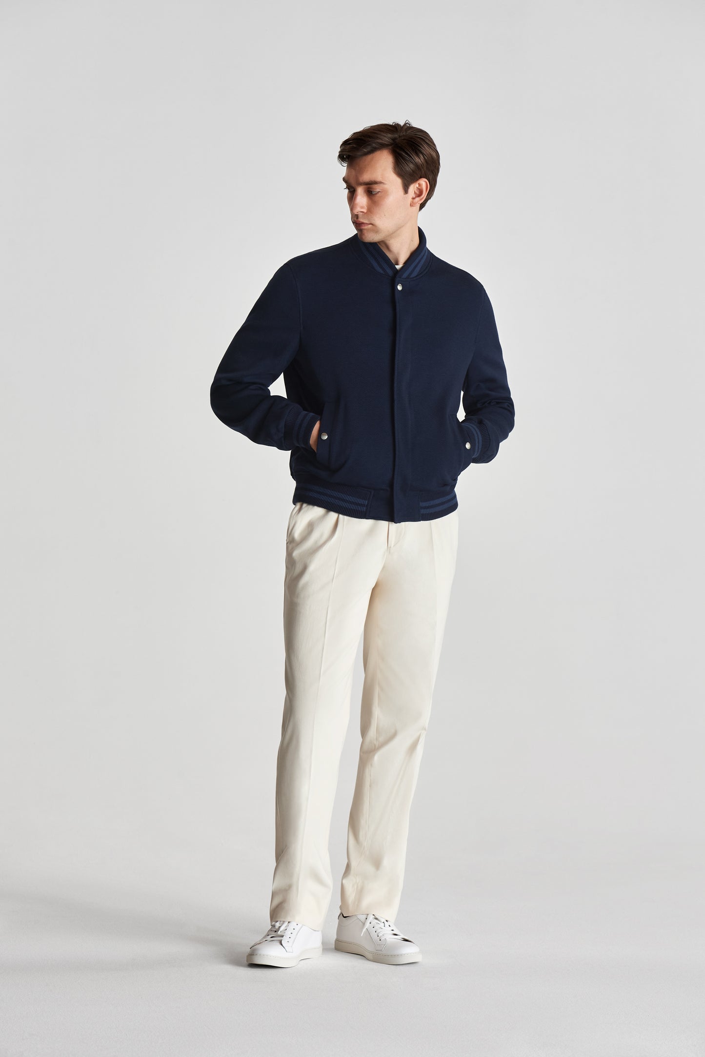 Wool varsity Jacket Navy Full Length Model Image