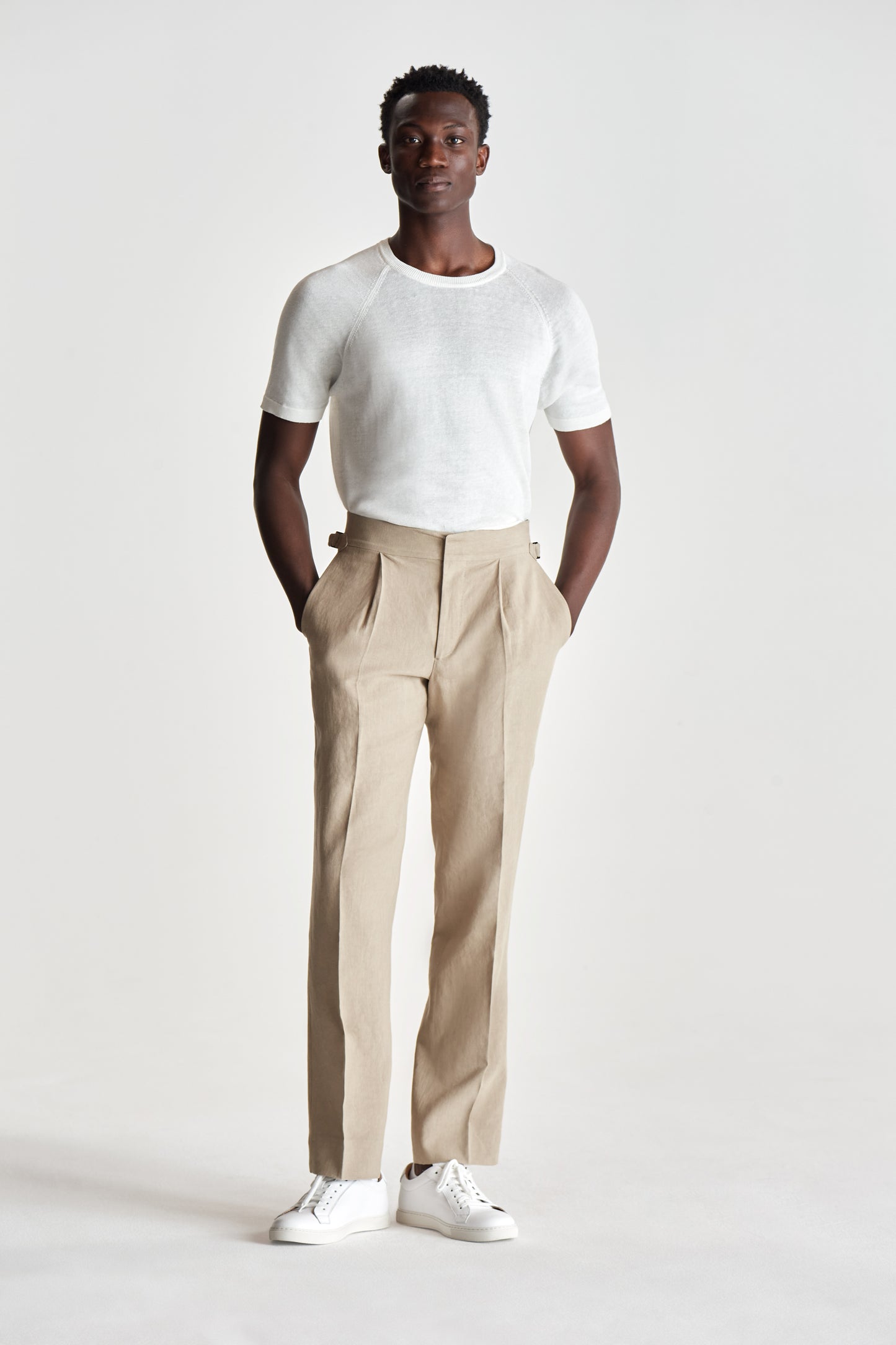 Knitted Cotton Raglan T-Shirt White Model Full Length Image