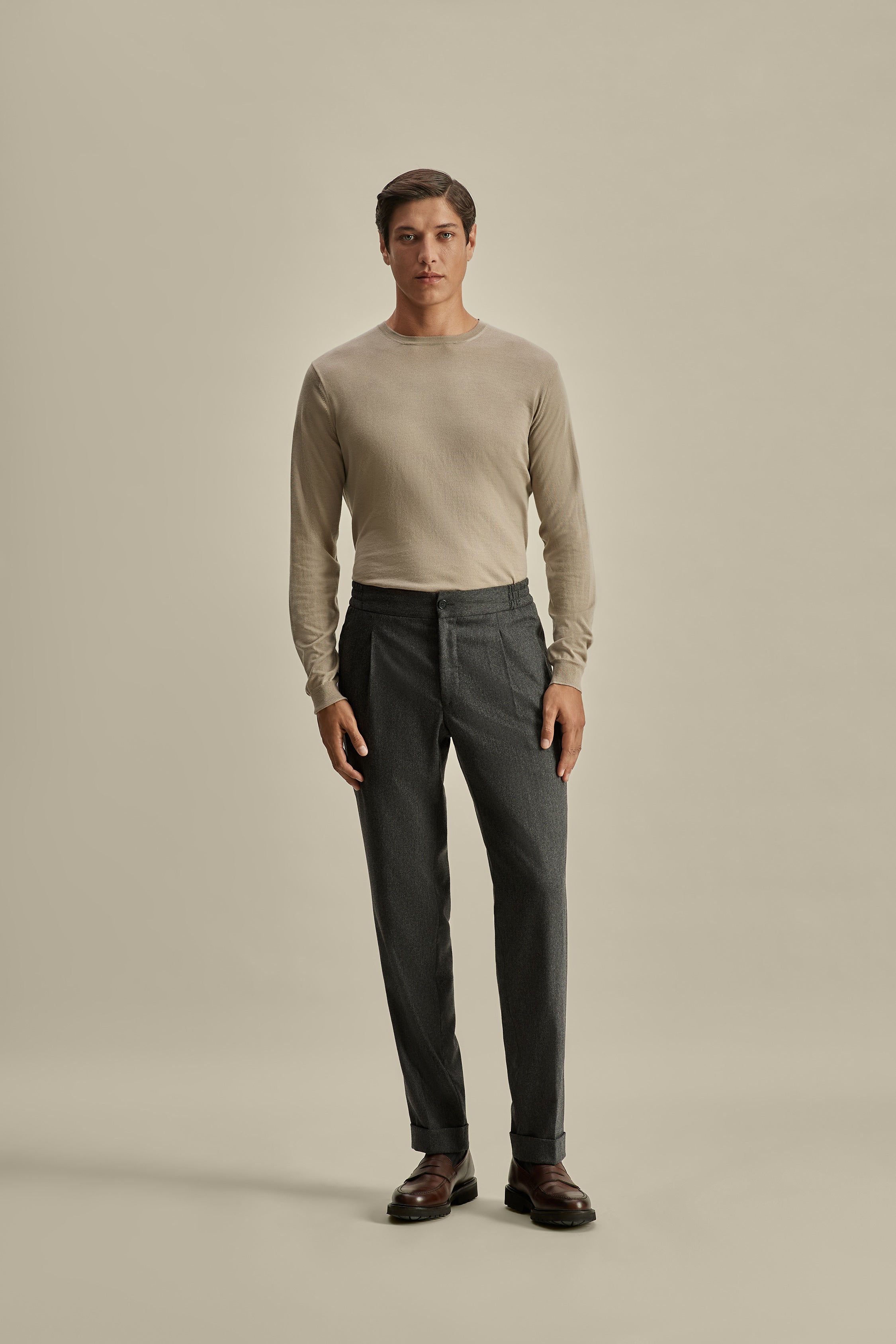 Merino Wool Extrafine Crew Neck Sweater Taupe Model Image