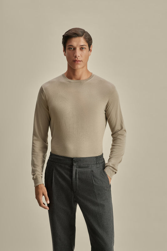 Merino Wool Extrafine Crew Neck Sweater Taupe Model Cropped Image