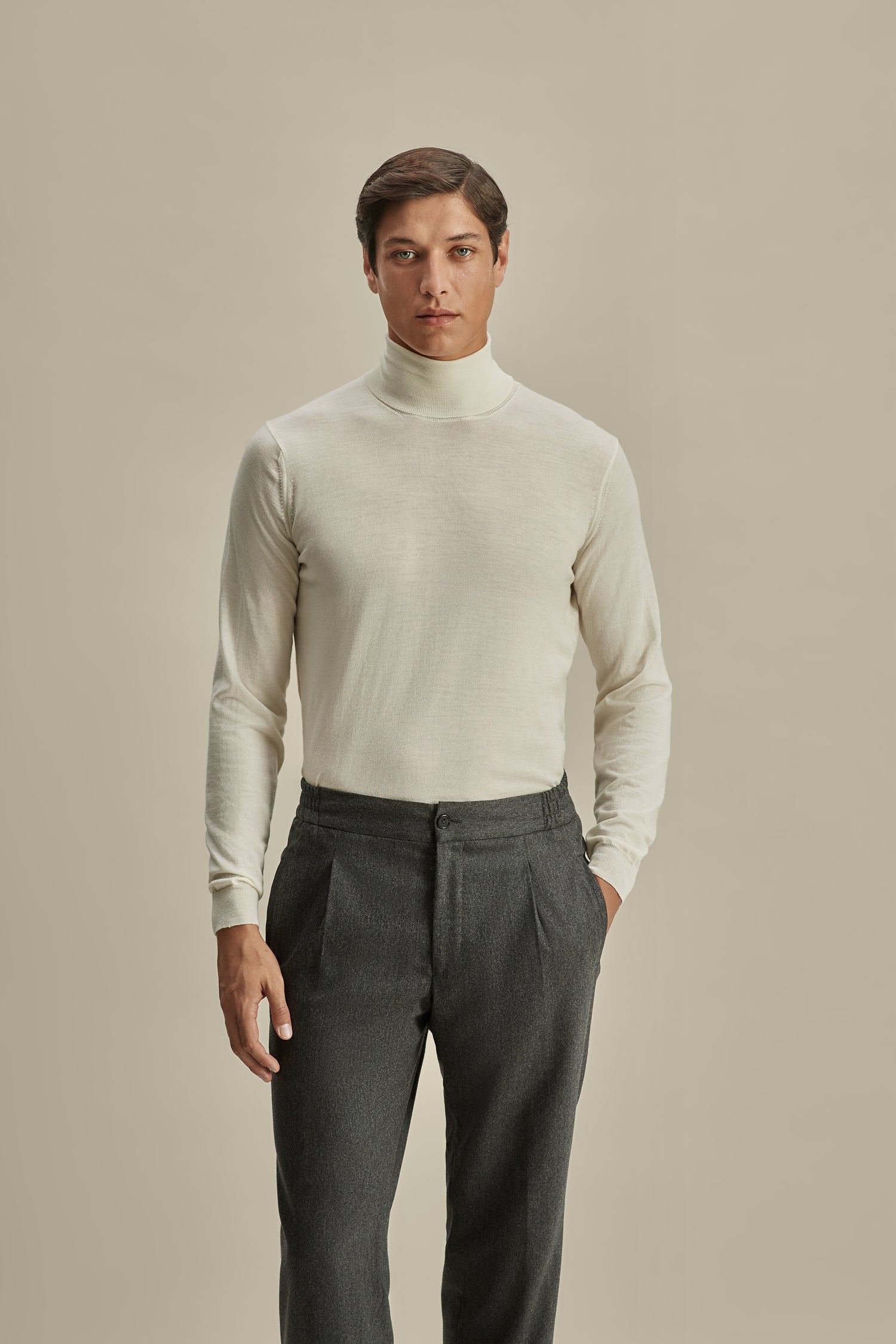 Merino Wool Extrafine Roll Neck Sweater Off White Model Cropped Image