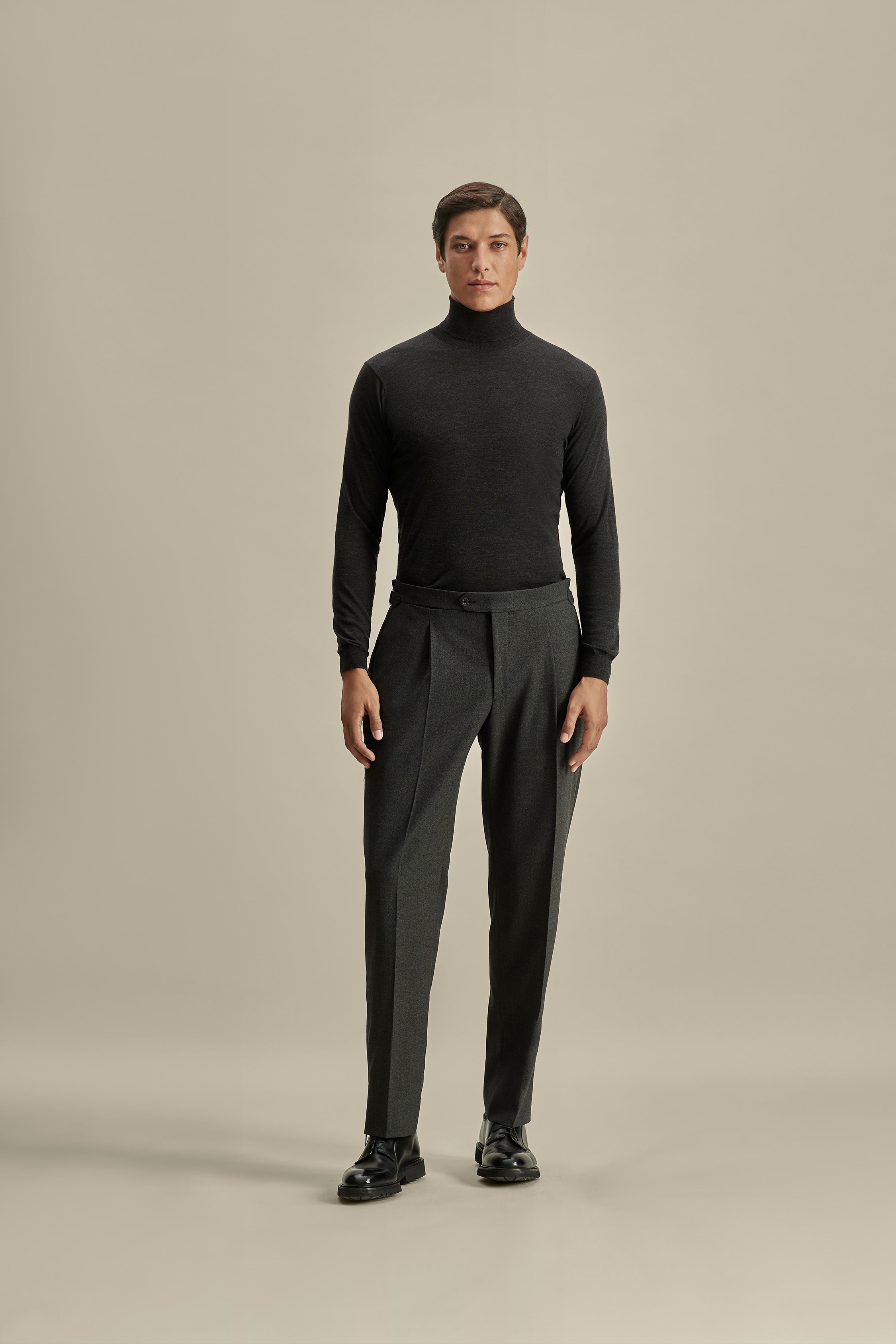 Merino Wool Extrafine Roll Neck Sweater Charcoal Model Image