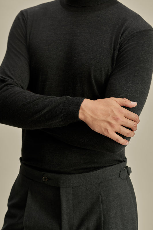 Merino Wool Extrafine Roll Neck Sweater Charcoal Model Sleeves Image