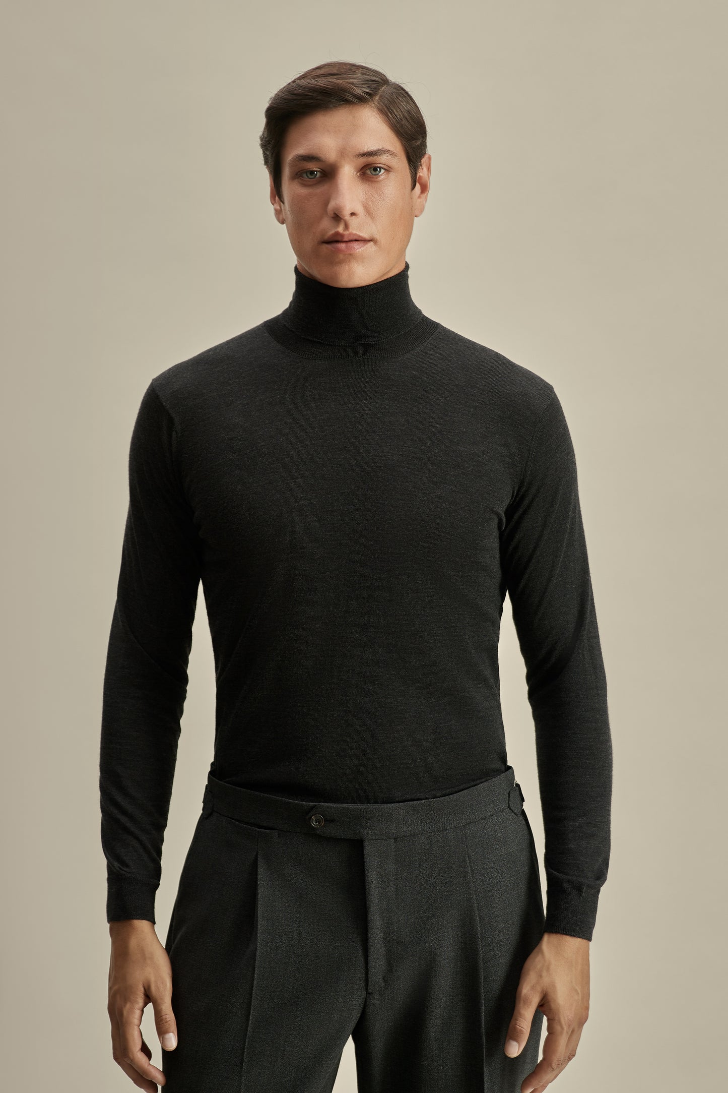 Merino Wool Extrafine Roll Neck Sweater Charcoal Model Cropped Image