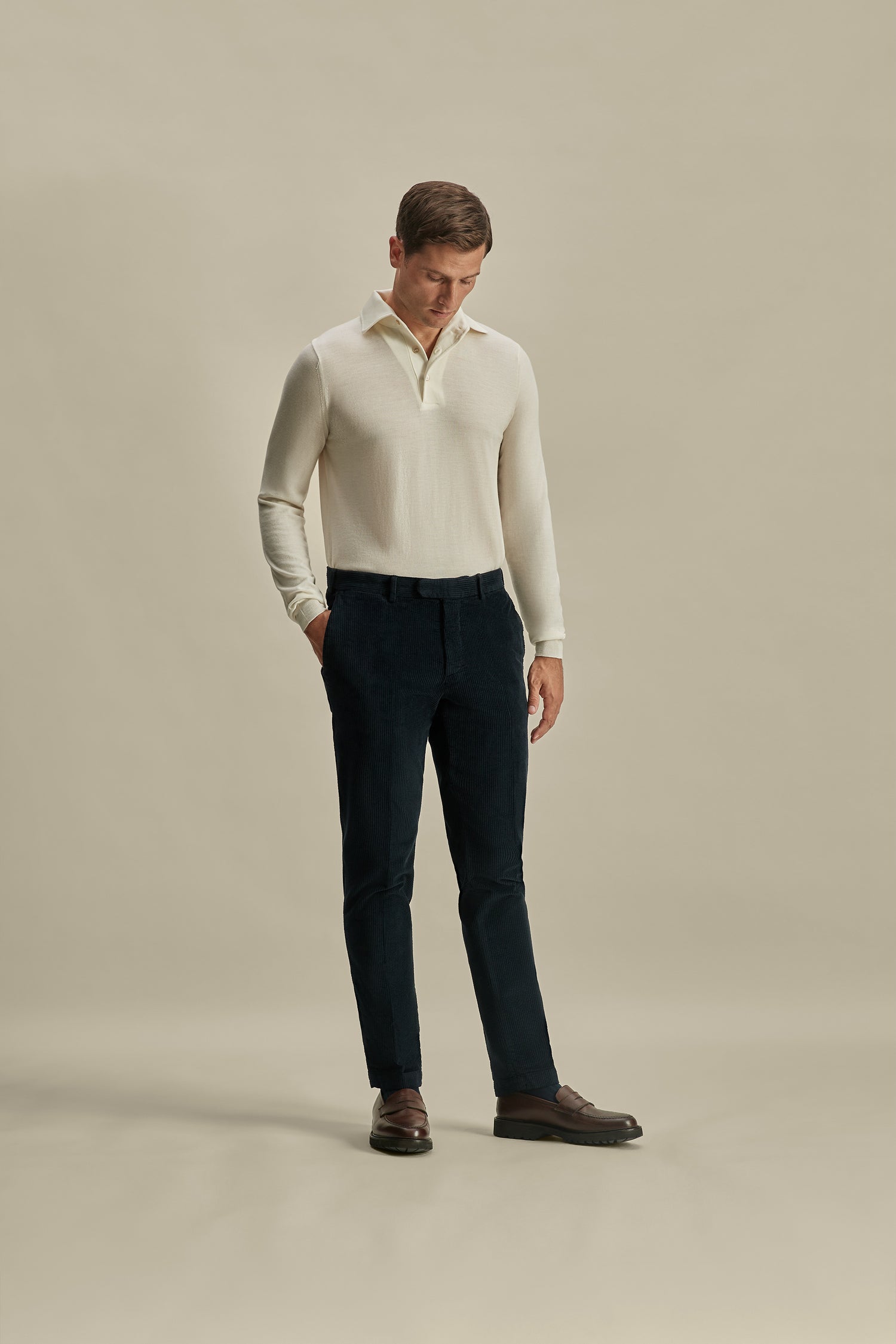 Corduroy Easy Fit Flat Front Chinos Navy Model Image