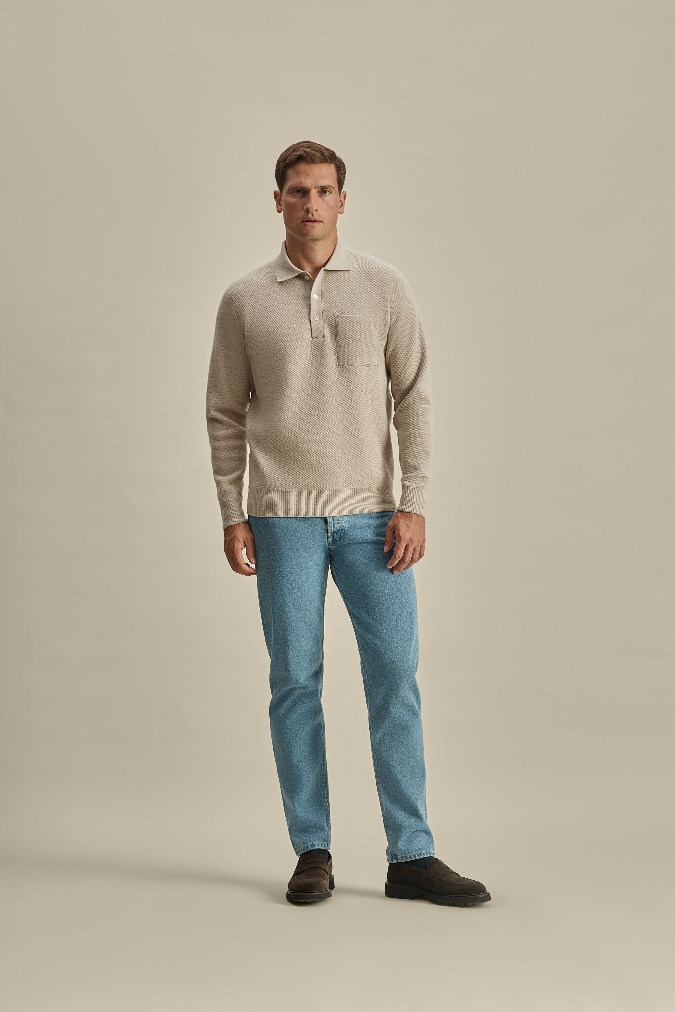 Wool Long Sleeve Polo Shirt Beige Model Image