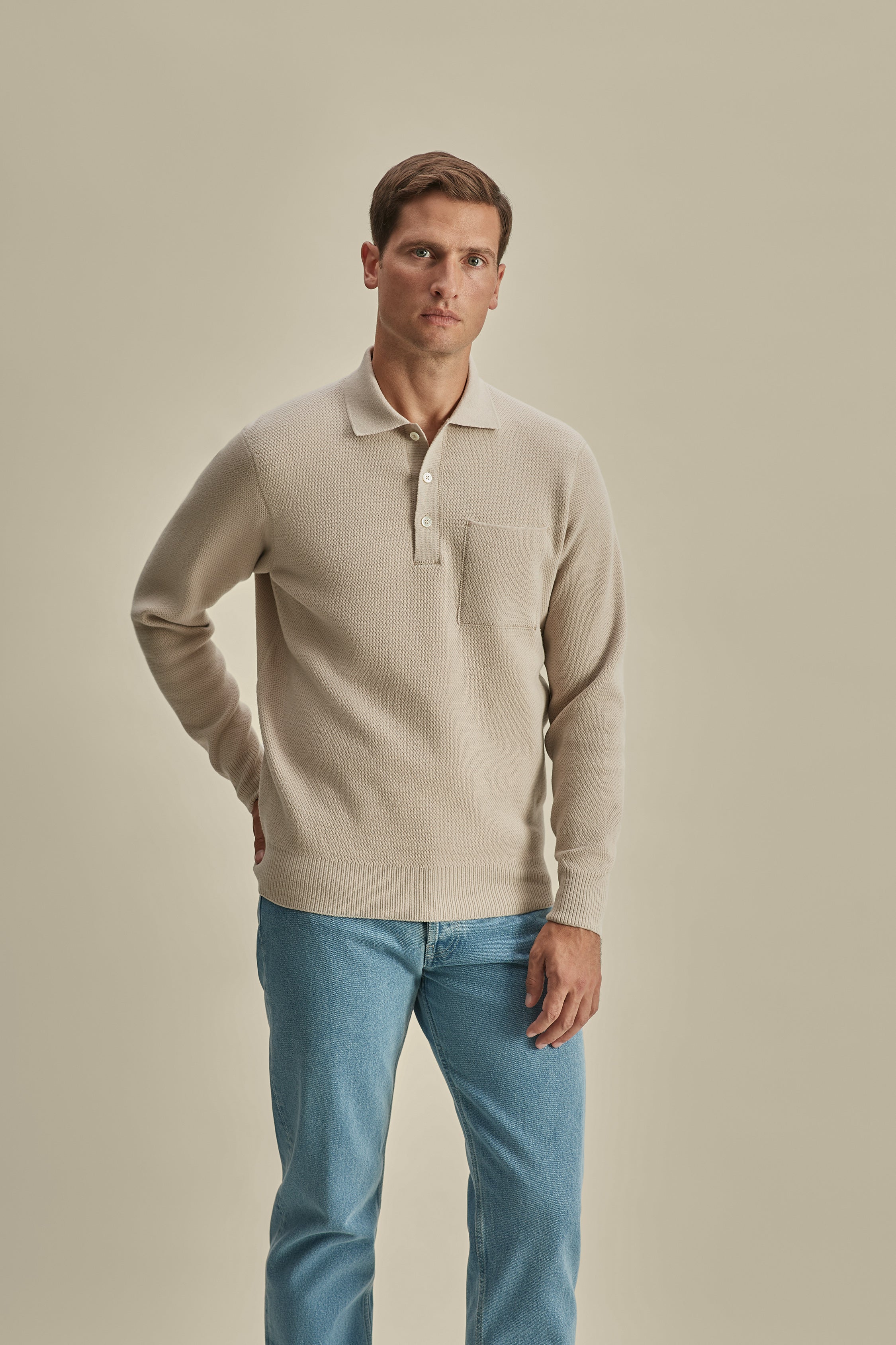 Wool Long Sleeve Polo Shirt Beige Model Cropped Image