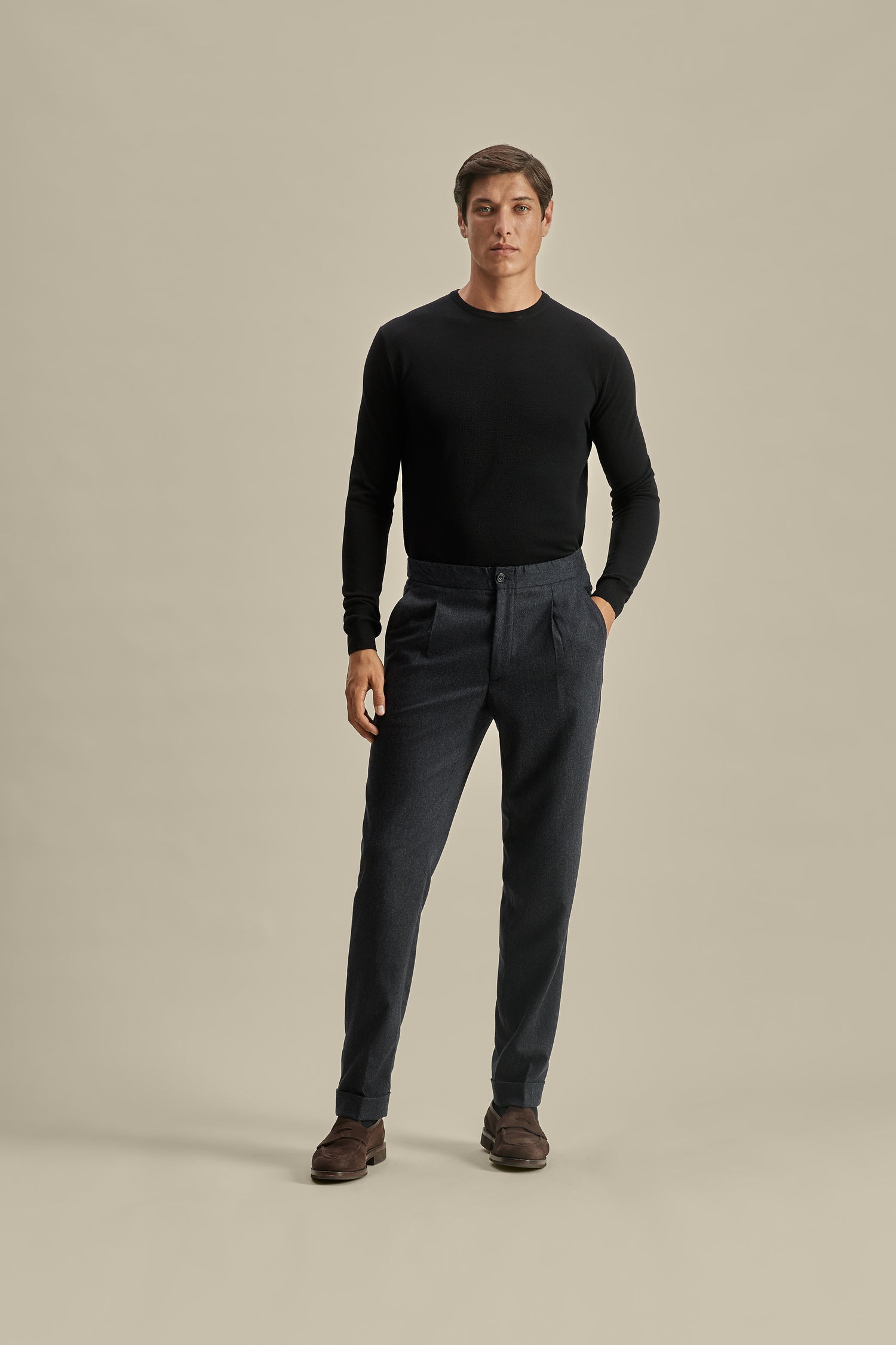 Flannel Relaxed Tailored Trousers Navy Model Image