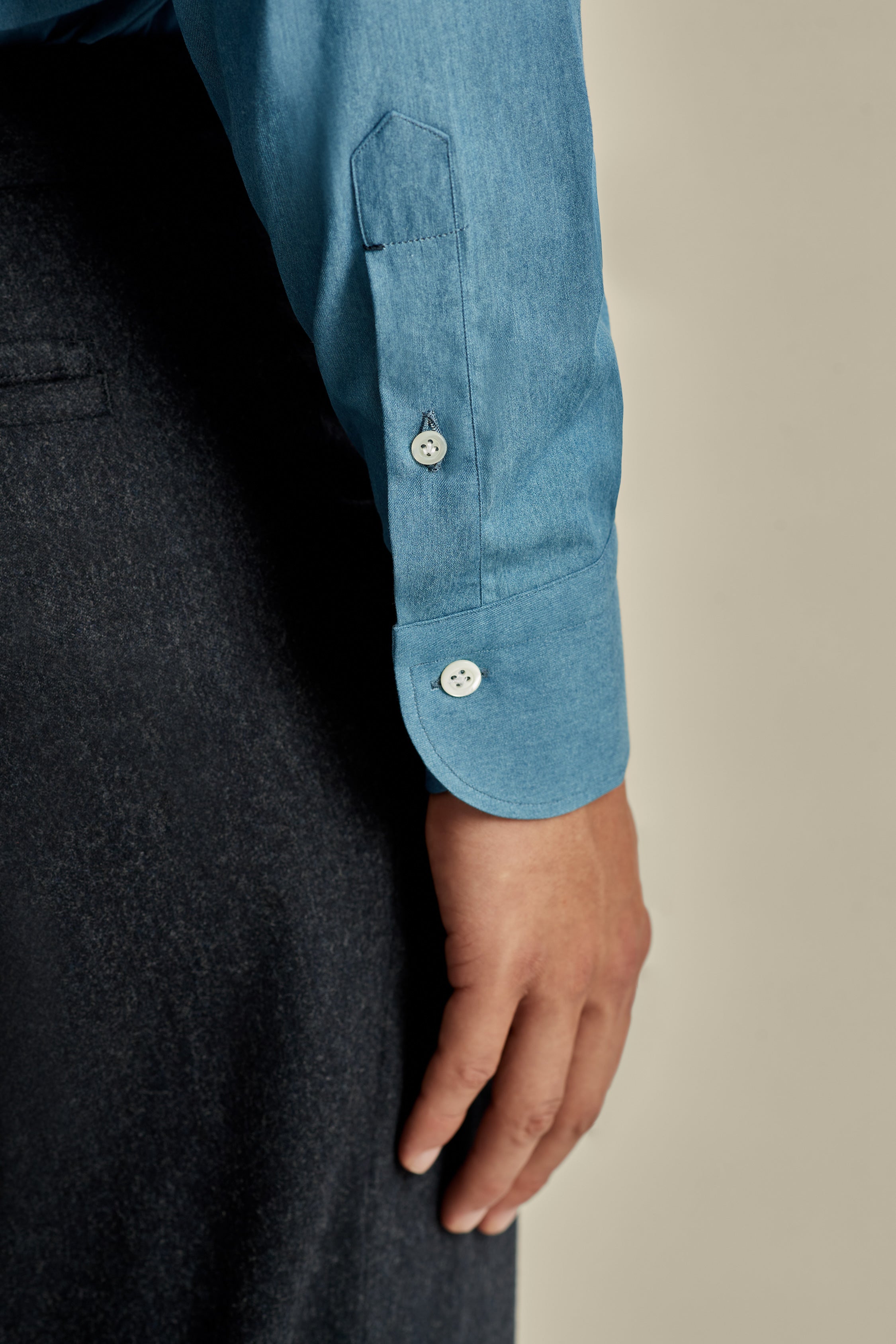 Cotton Chambray Button Down Collar Shirt Chambray Model Sleeve Image