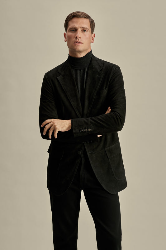 Suede Notch Lapel Jacket Black Model Cropped Image