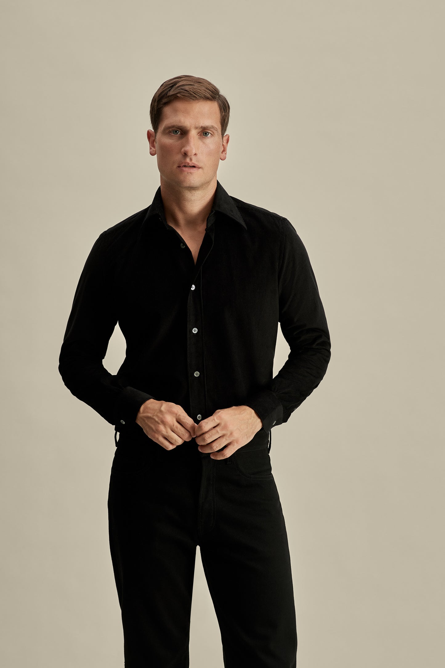 Corduroy Point Collar Shirt Black Model Cropped Image